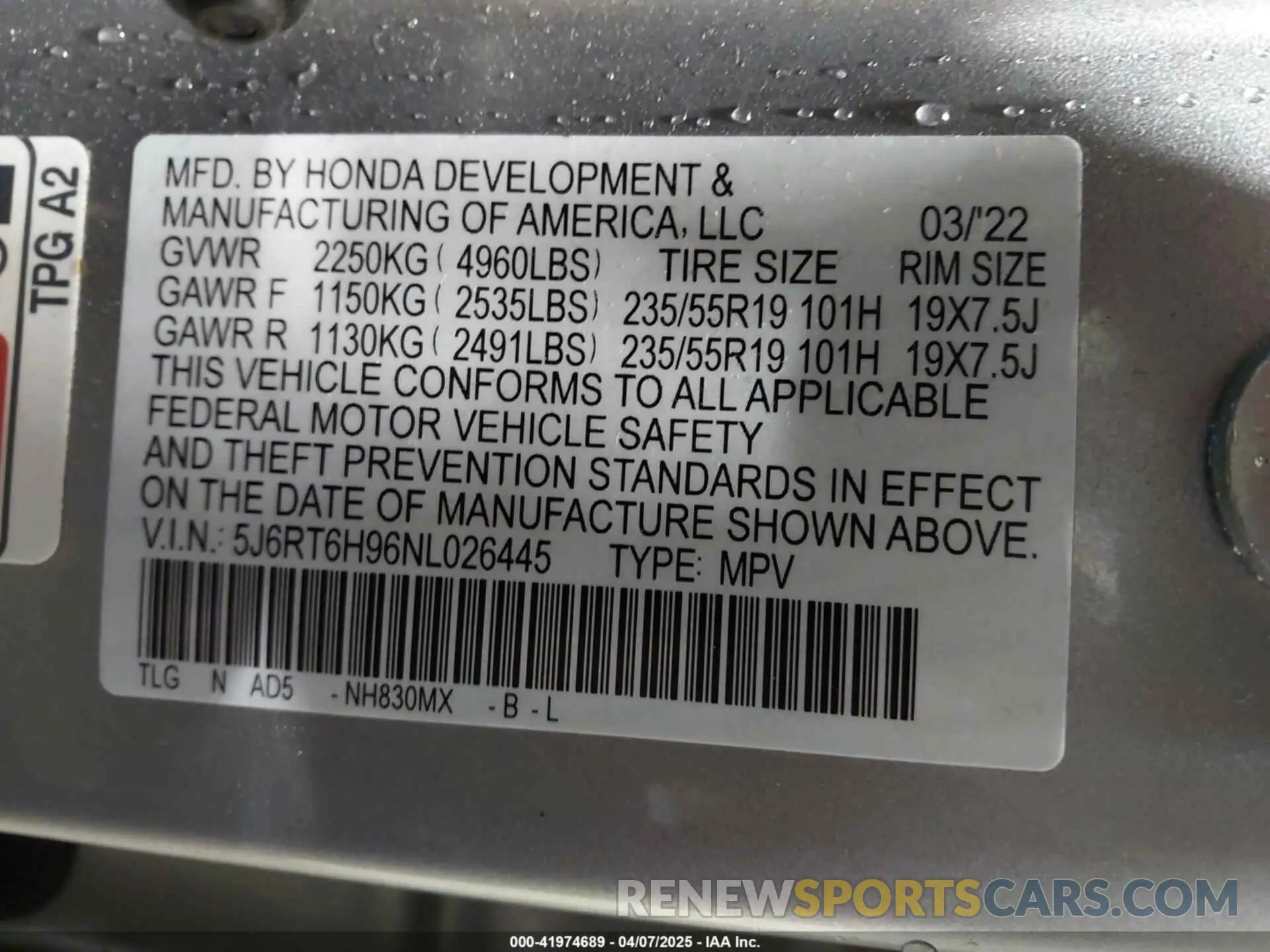 9 Photograph of a damaged car 5J6RT6H96NL026445 HONDA CR-V 2022