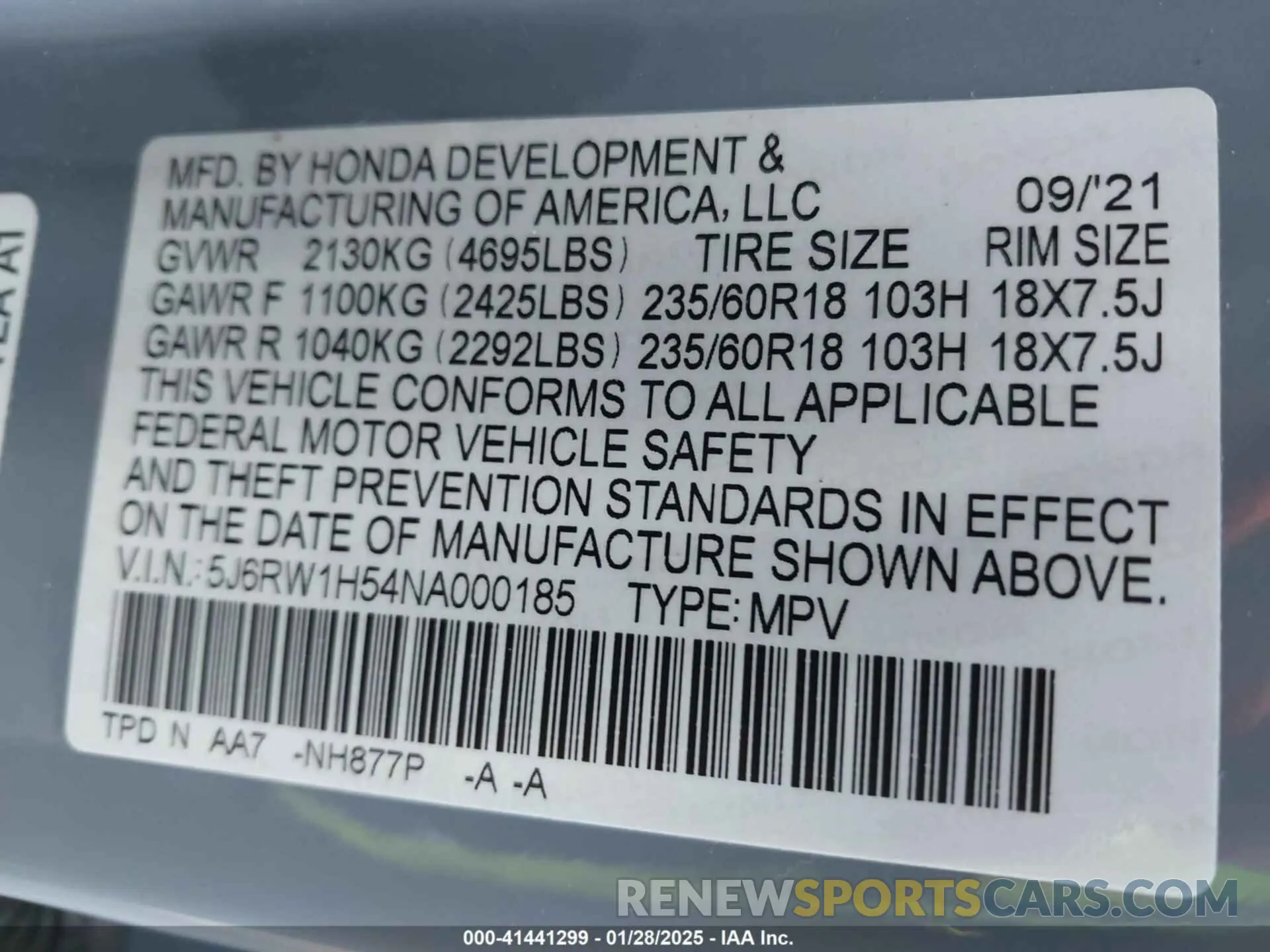 9 Photograph of a damaged car 5J6RW1H54NA000185 HONDA CR-V 2022