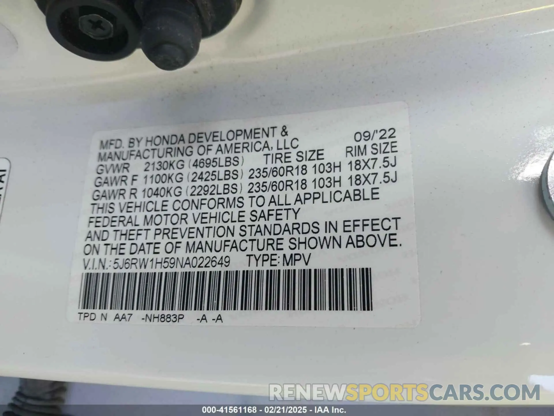 9 Photograph of a damaged car 5J6RW1H59NA022649 HONDA CR-V 2022