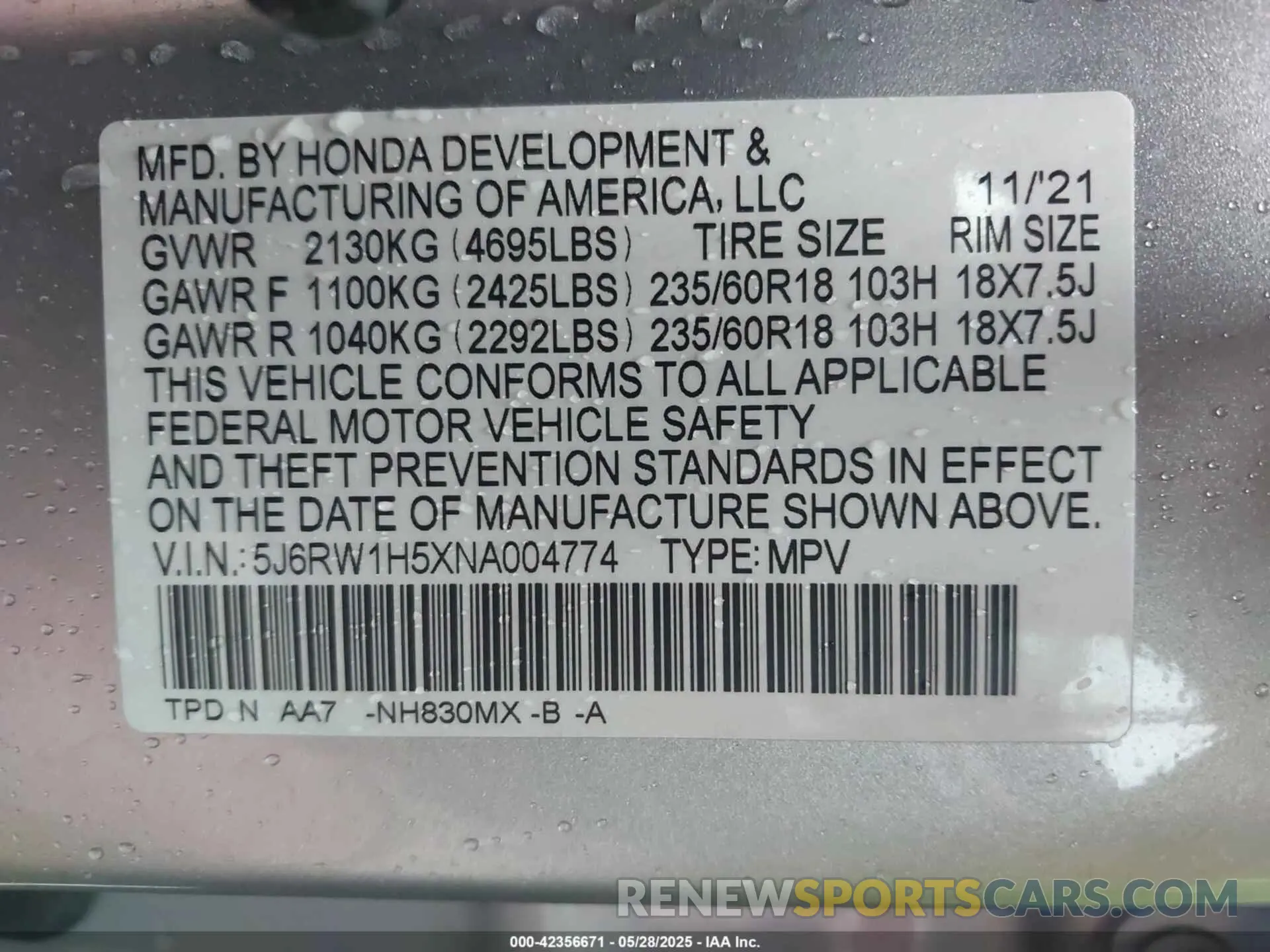 9 Photograph of a damaged car 5J6RW1H5XNA004774 HONDA CR-V 2022
