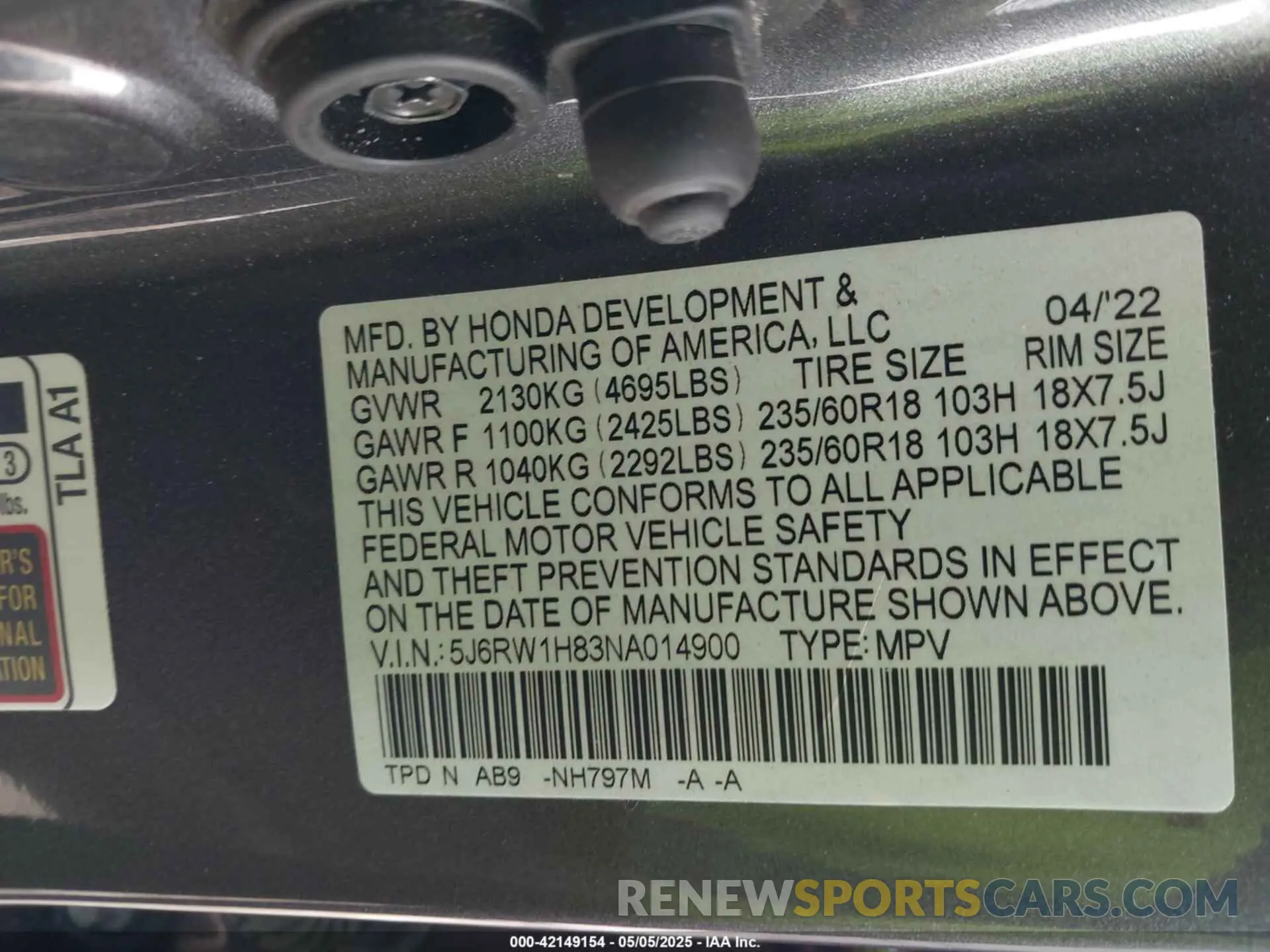 9 Photograph of a damaged car 5J6RW1H83NA014900 HONDA CR-V 2022