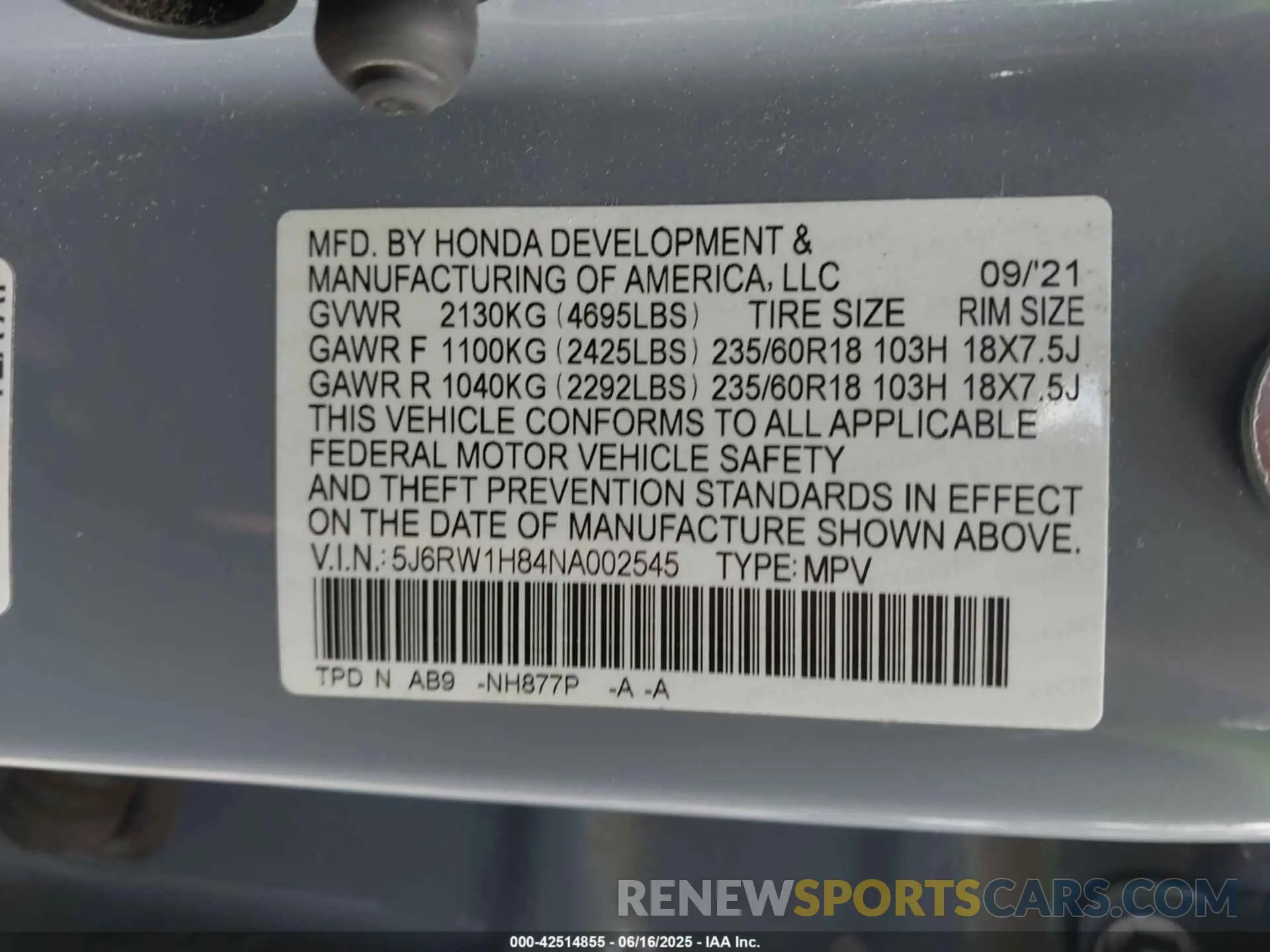 9 Photograph of a damaged car 5J6RW1H84NA002545 HONDA CR-V 2022