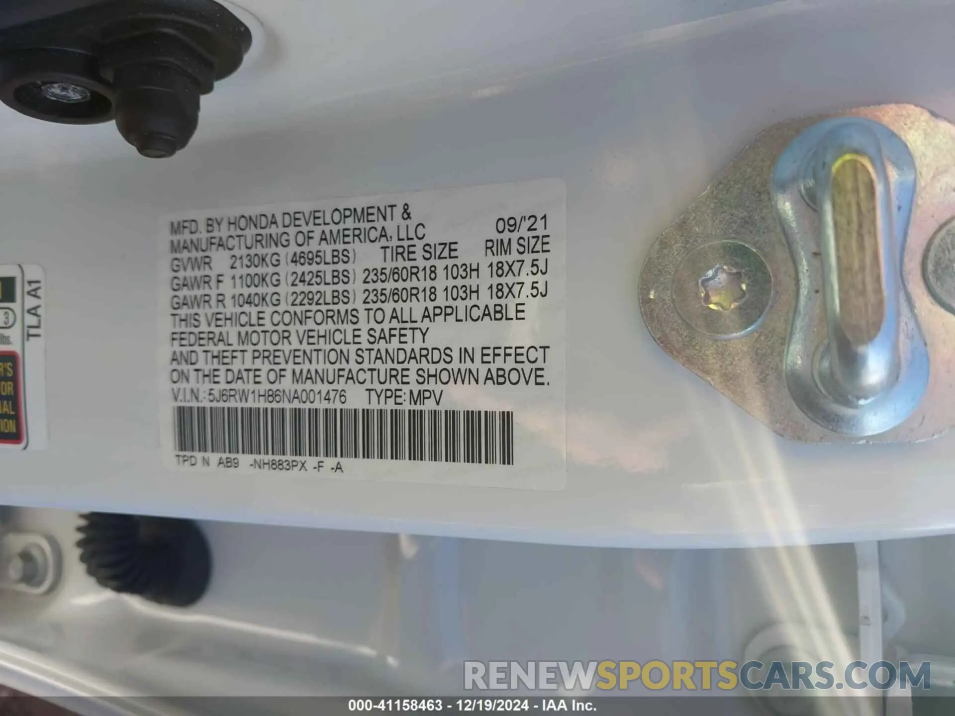 9 Photograph of a damaged car 5J6RW1H86NA001476 HONDA CR-V 2022