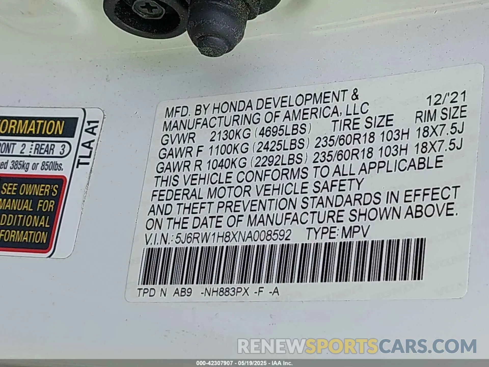 9 Photograph of a damaged car 5J6RW1H8XNA008592 HONDA CR-V 2022
