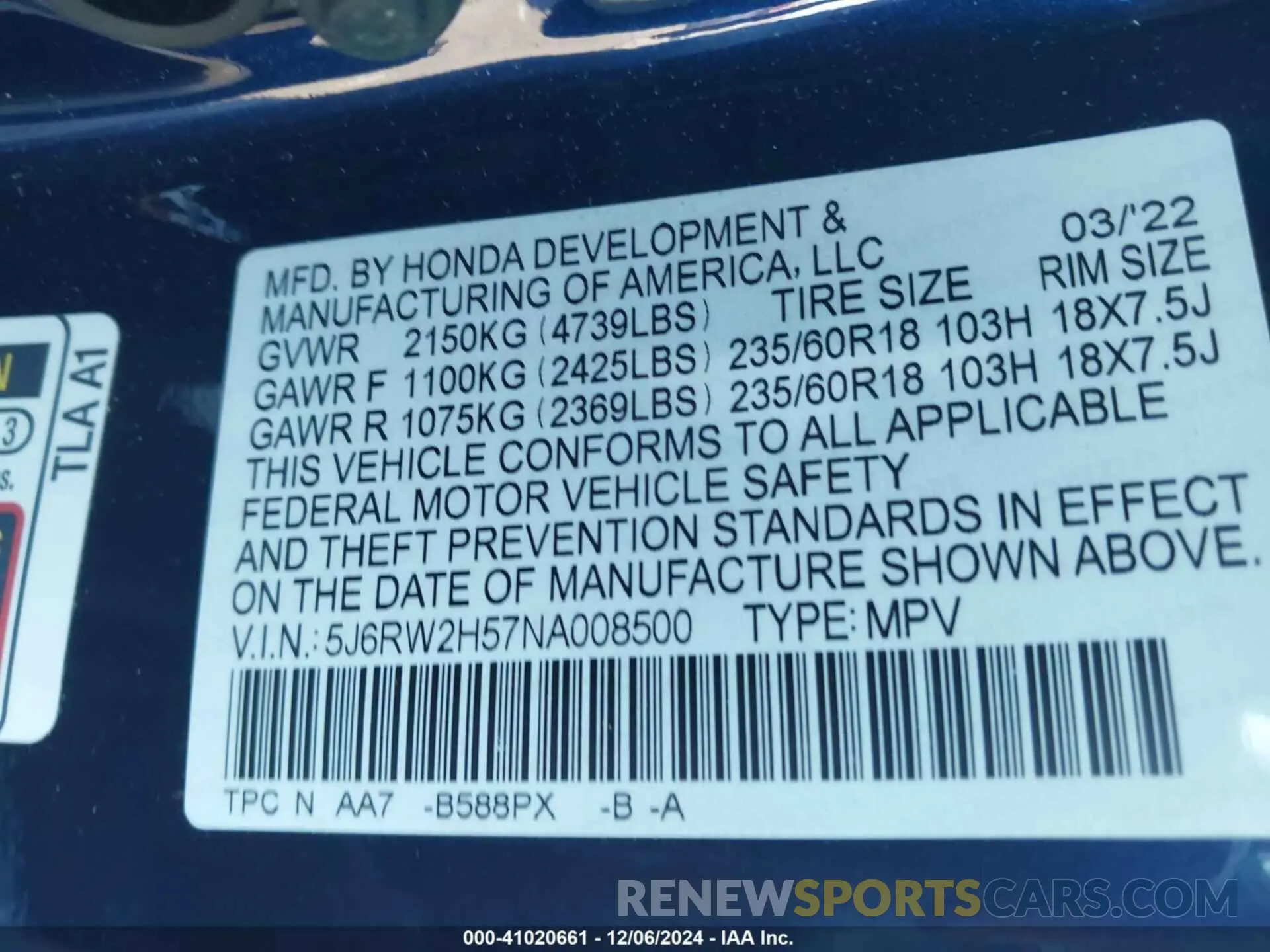 9 Photograph of a damaged car 5J6RW2H57NA008500 HONDA CR-V 2022