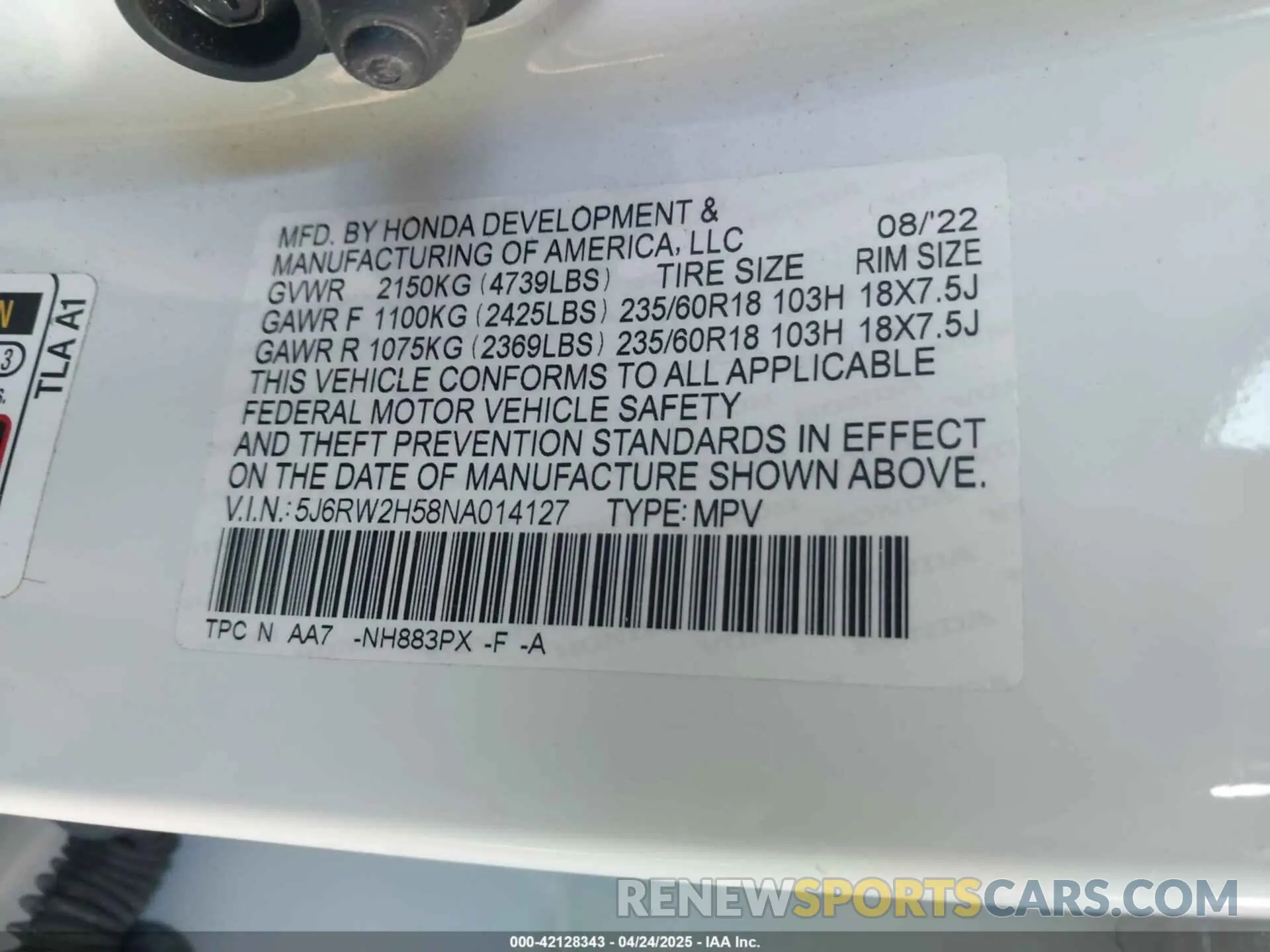 9 Photograph of a damaged car 5J6RW2H58NA014127 HONDA CR-V 2022