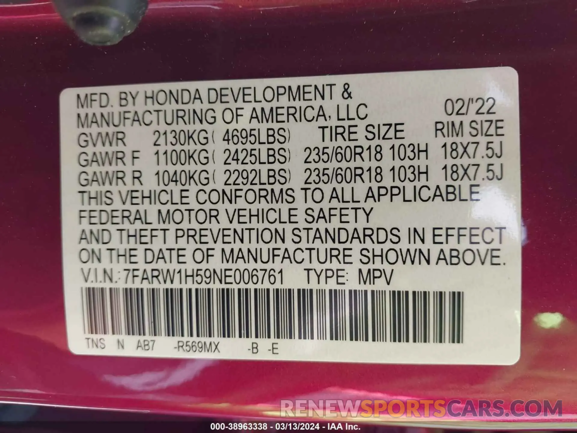 13 Photograph of a damaged car 7FARW1H59NE006761 HONDA CR-V 2022
