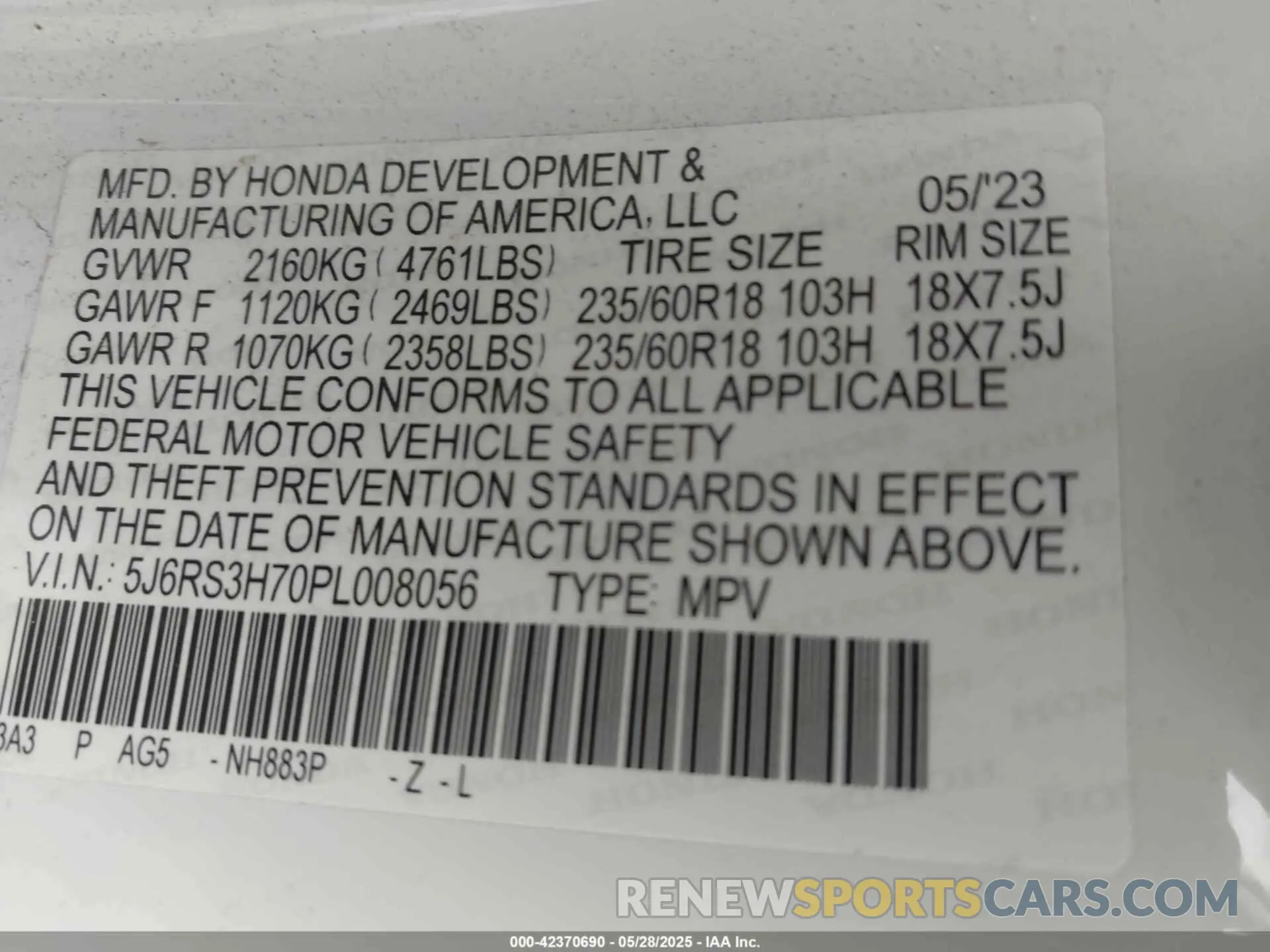 9 Photograph of a damaged car 5J6RS3H70PL008056 HONDA CR-V 2023