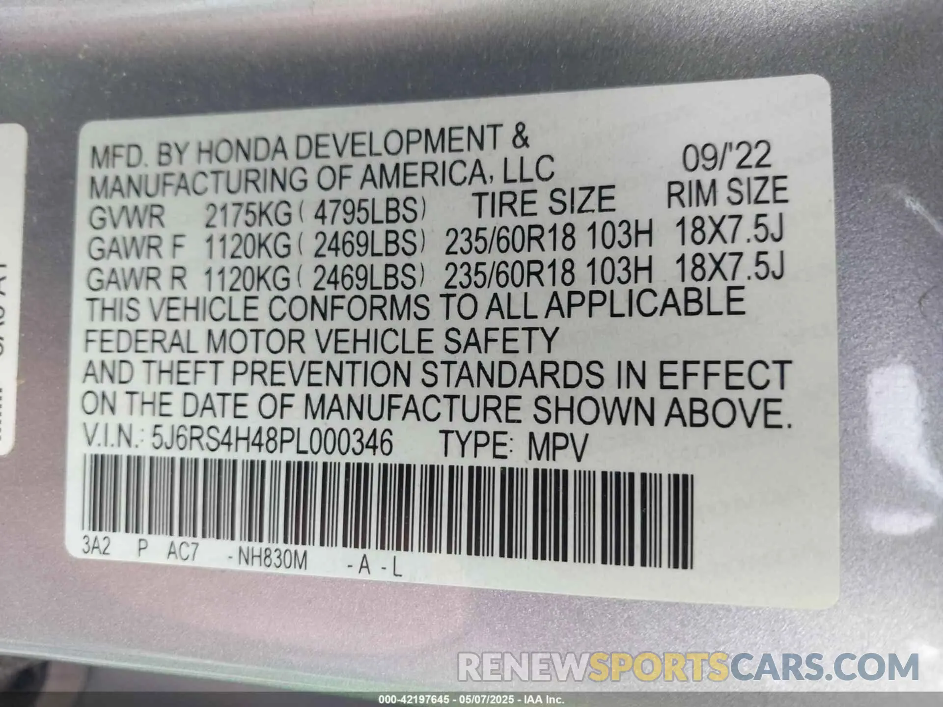 9 Photograph of a damaged car 5J6RS4H48PL000346 HONDA CR-V 2023