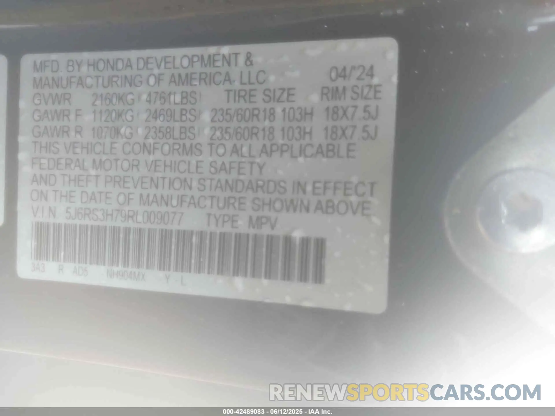 9 Photograph of a damaged car 5J6RS3H79RL009077 HONDA CR-V 2024