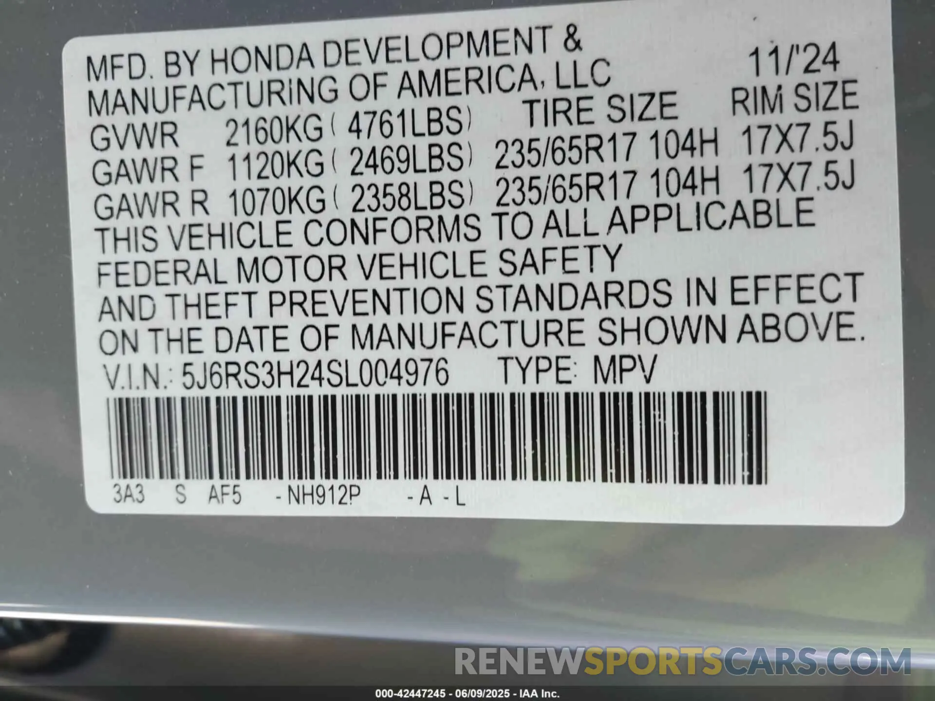 9 Photograph of a damaged car 5J6RS3H24SL004976 HONDA CR-V 2025