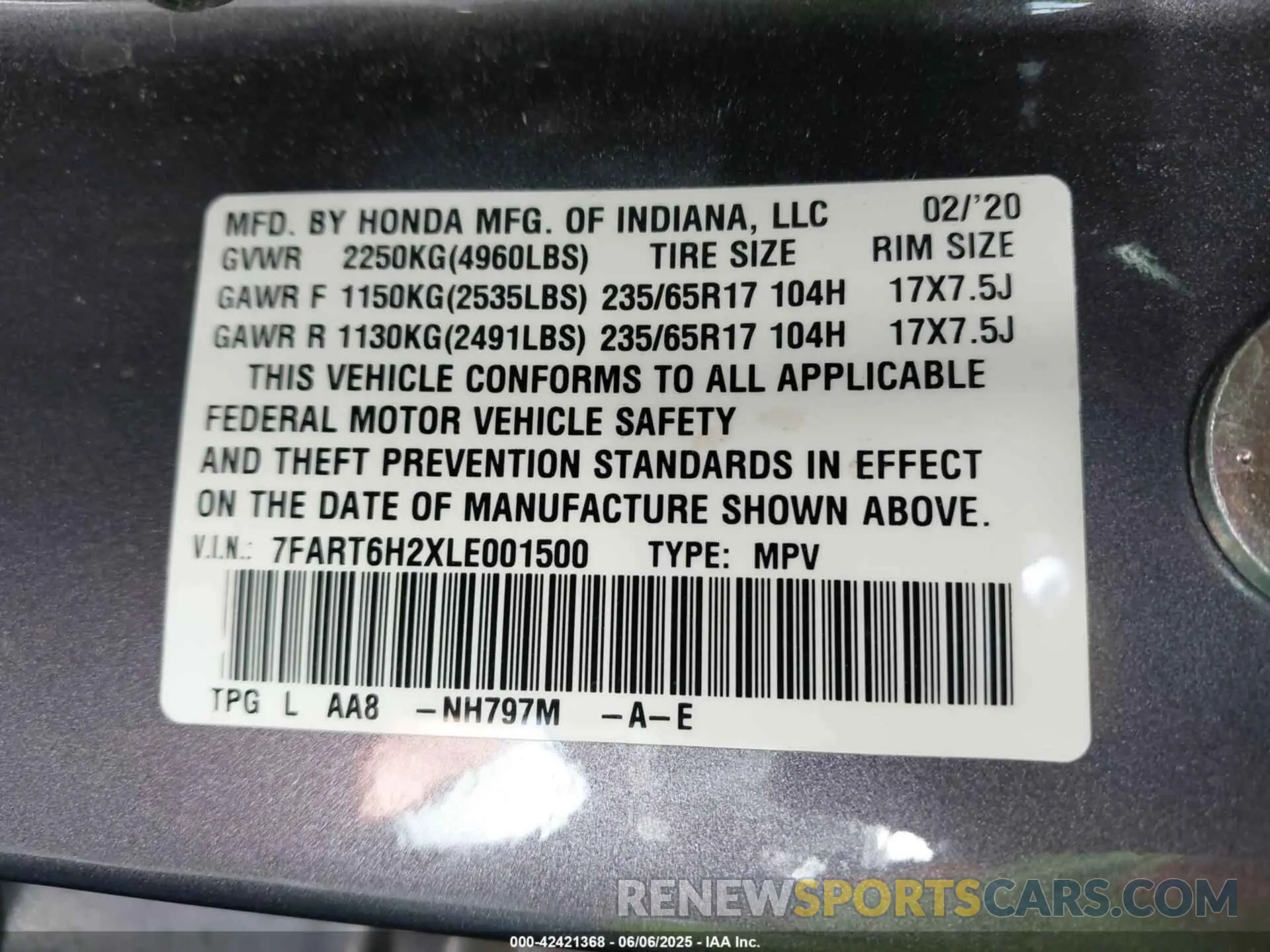 9 Photograph of a damaged car 7FART6H2XLE001500 HONDA CR-V HYBRID 2020