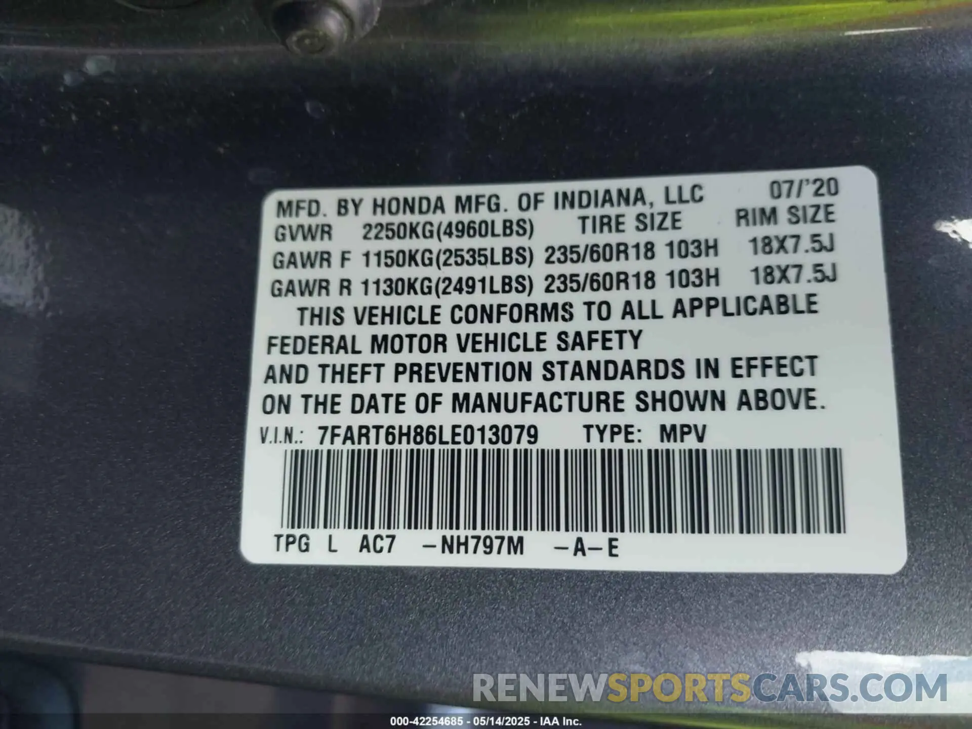 9 Photograph of a damaged car 7FART6H86LE013079 HONDA CR-V HYBRID 2020