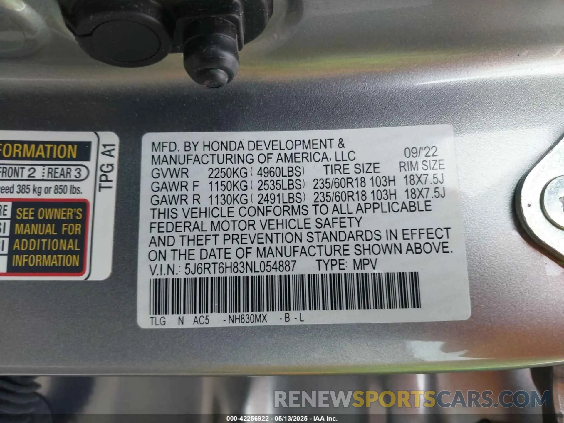 9 Photograph of a damaged car 5J6RT6H83NL054887 HONDA CR-V HYBRID 2022