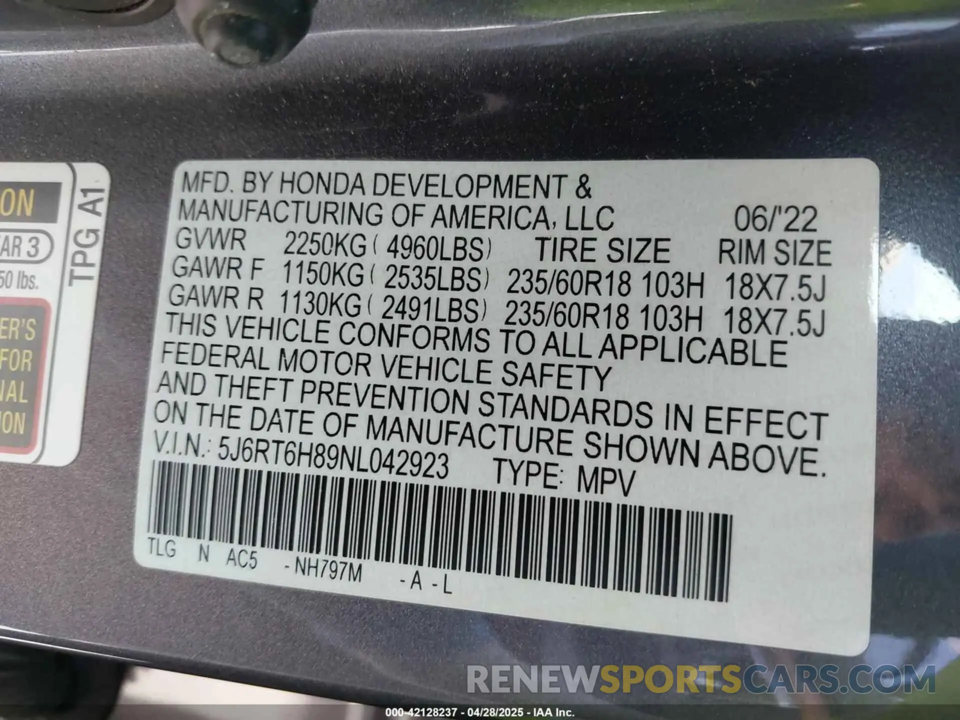 9 Photograph of a damaged car 5J6RT6H89NL042923 HONDA CR-V HYBRID 2022