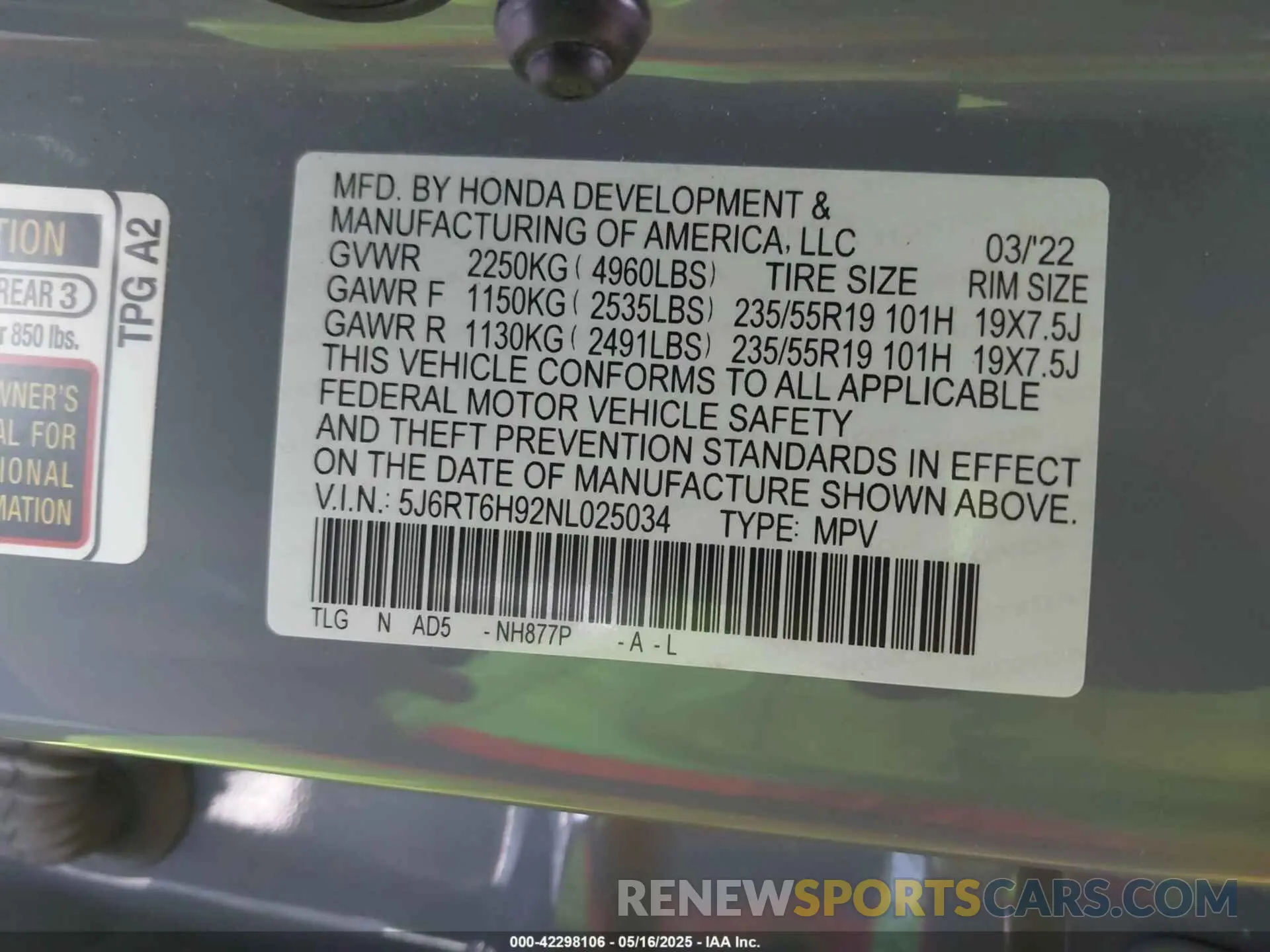 9 Photograph of a damaged car 5J6RT6H92NL025034 HONDA CR-V HYBRID 2022