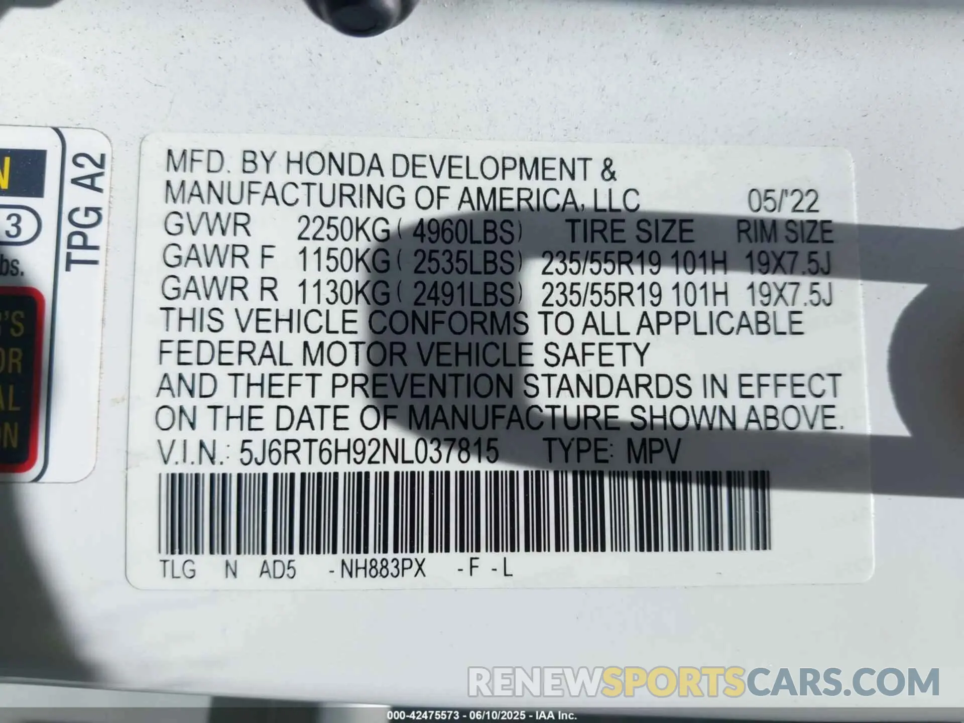 9 Photograph of a damaged car 5J6RT6H92NL037815 HONDA CR-V HYBRID 2022