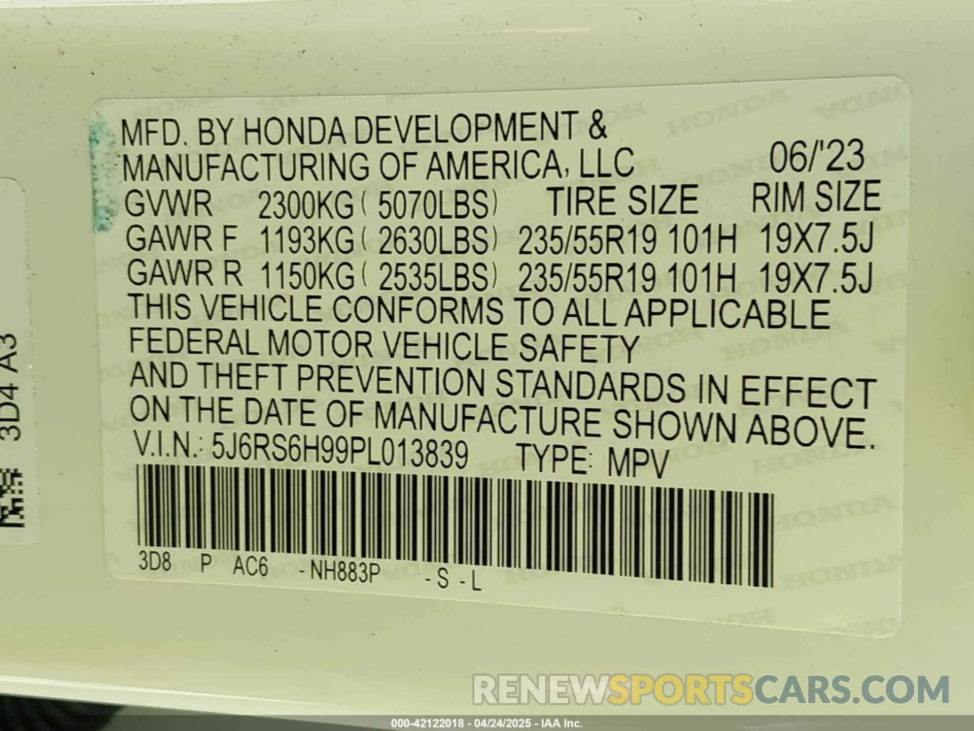 9 Photograph of a damaged car 5J6RS6H99PL013839 HONDA CR-V HYBRID 2023