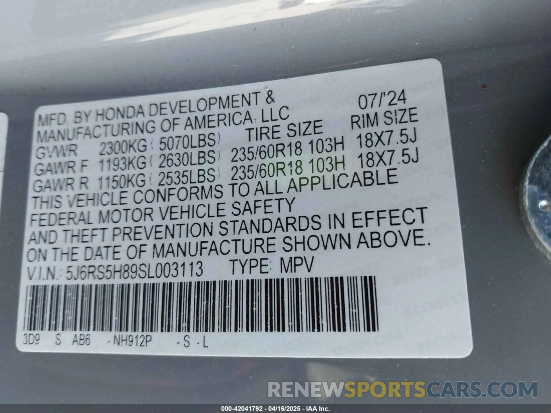 9 Photograph of a damaged car 5J6RS5H89SL003113 HONDA CR-V HYBRID 2025