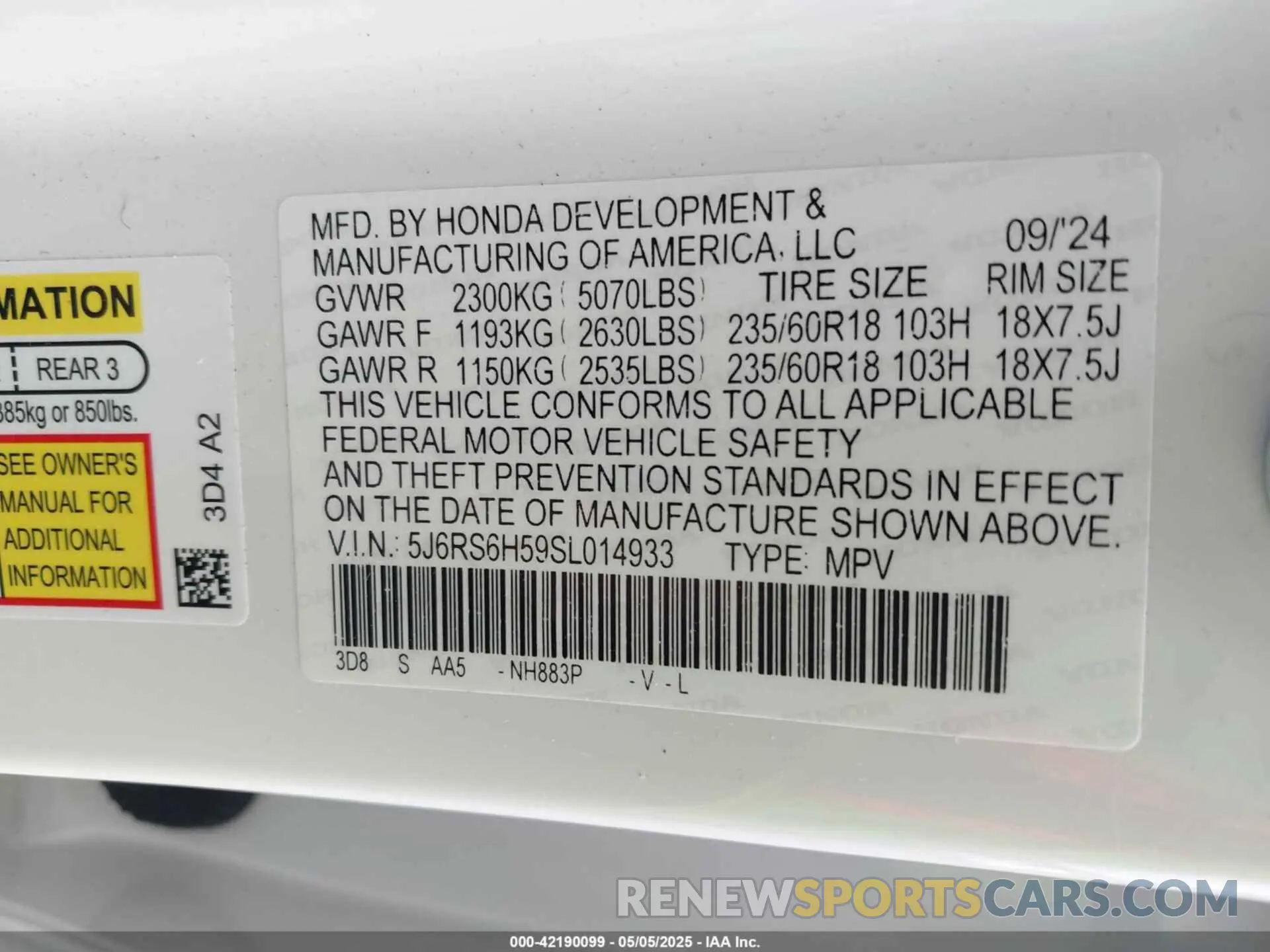 9 Photograph of a damaged car 5J6RS6H59SL014933 HONDA CR-V HYBRID 2025