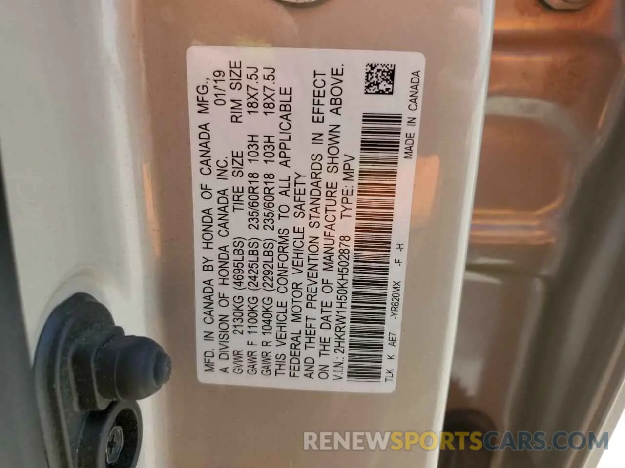 15 Photograph of a damaged car 2HKRW1H50KH502878 HONDA CRV 2019