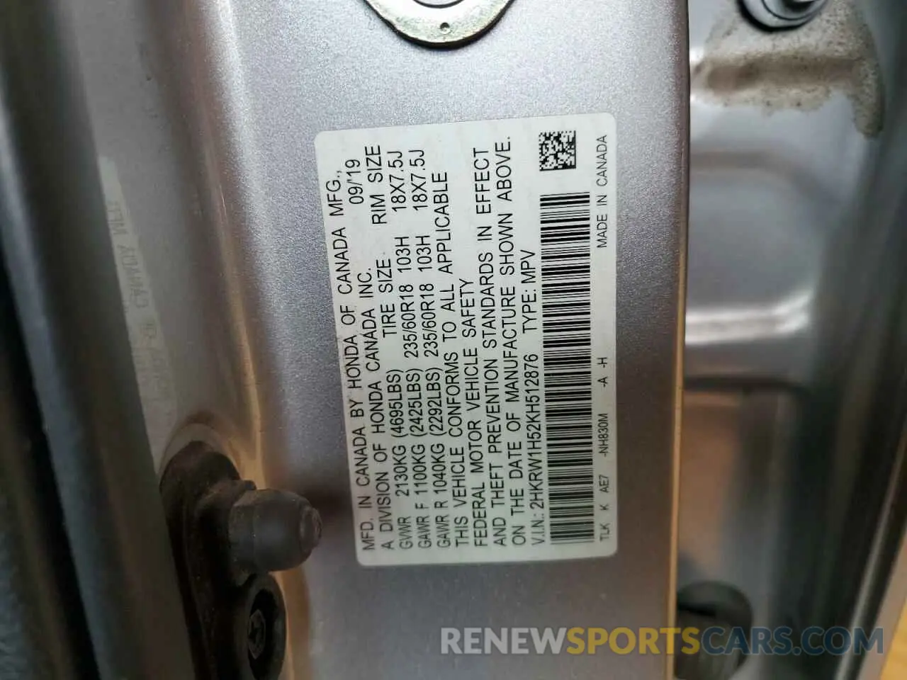 15 Photograph of a damaged car 2HKRW1H52KH512876 HONDA CRV 2019