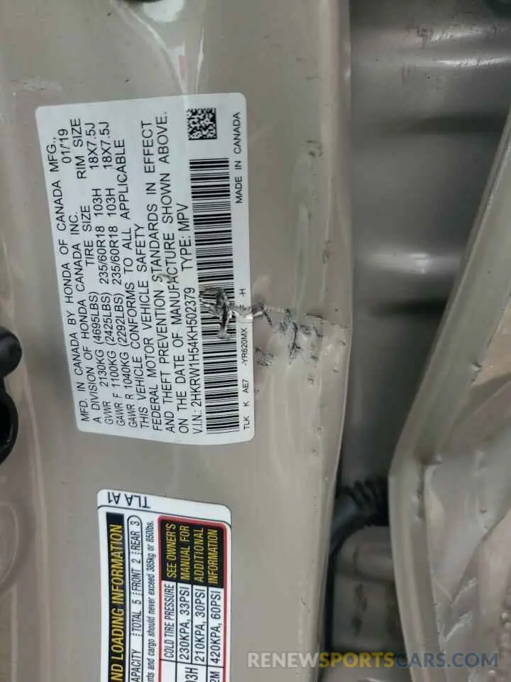 13 Photograph of a damaged car 2HKRW1H54KH502379 HONDA CRV 2019