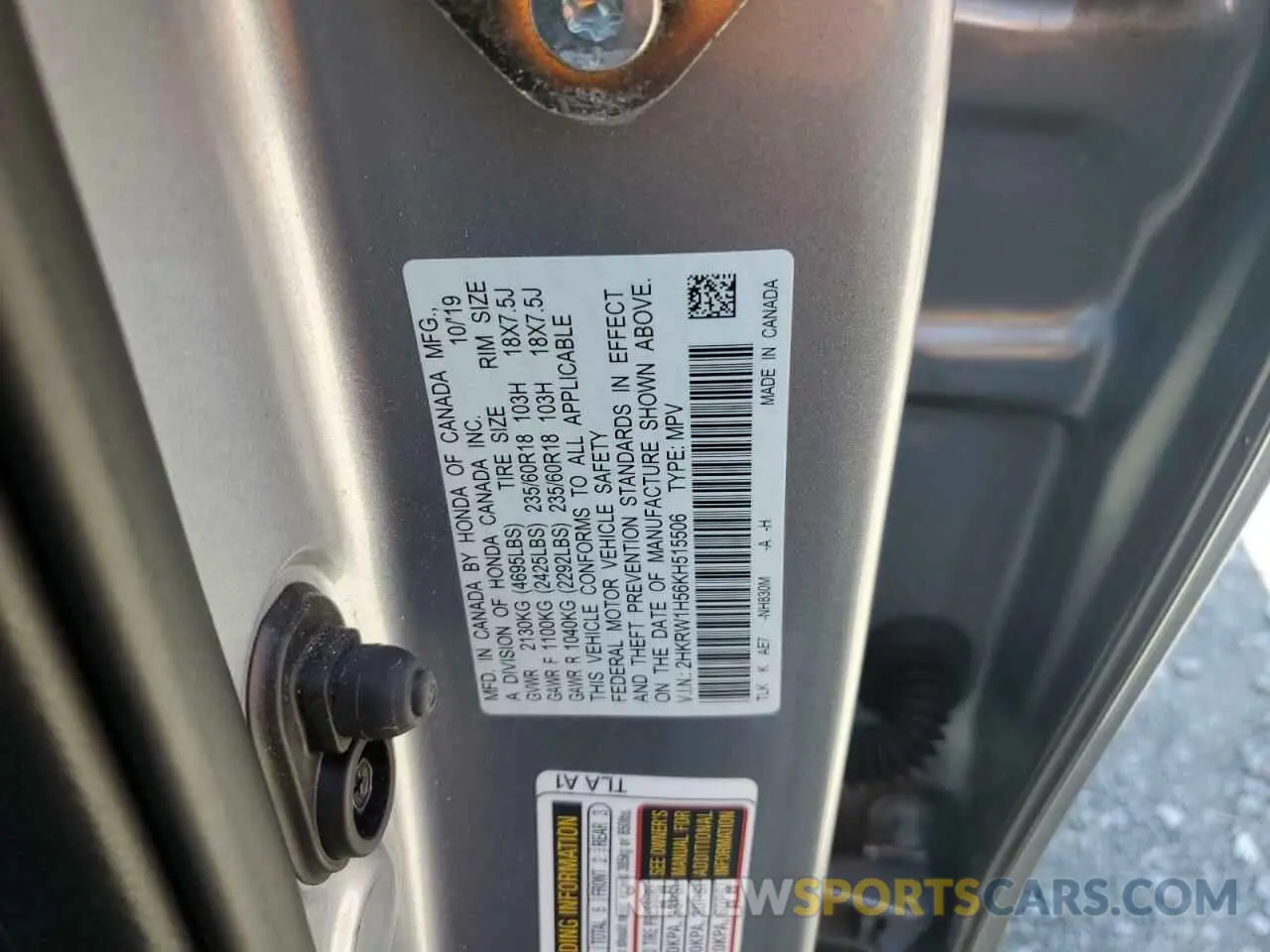 13 Photograph of a damaged car 2HKRW1H56KH515506 HONDA CRV 2019