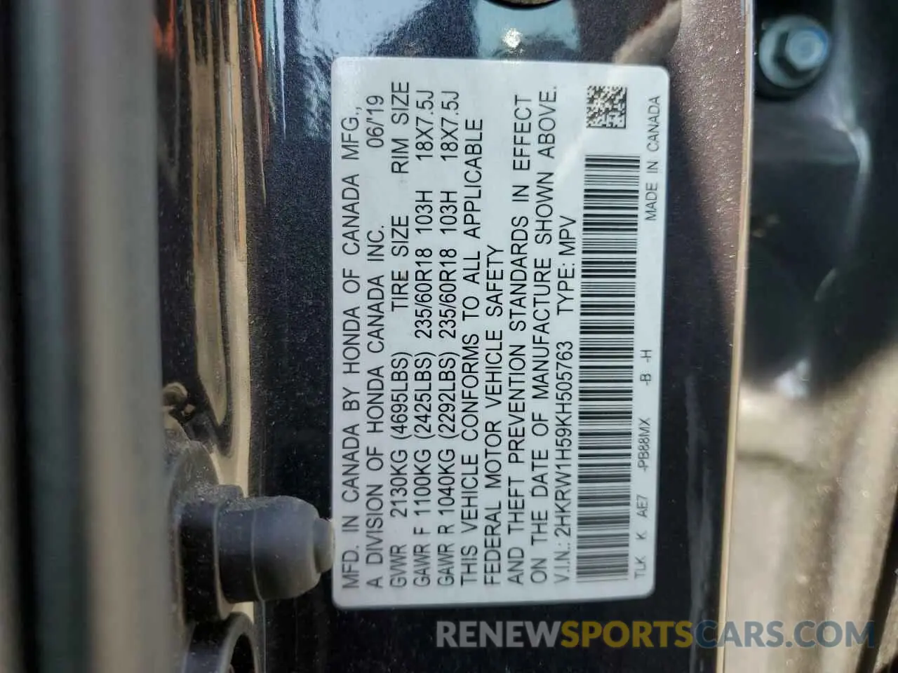 13 Photograph of a damaged car 2HKRW1H59KH505763 HONDA CRV 2019