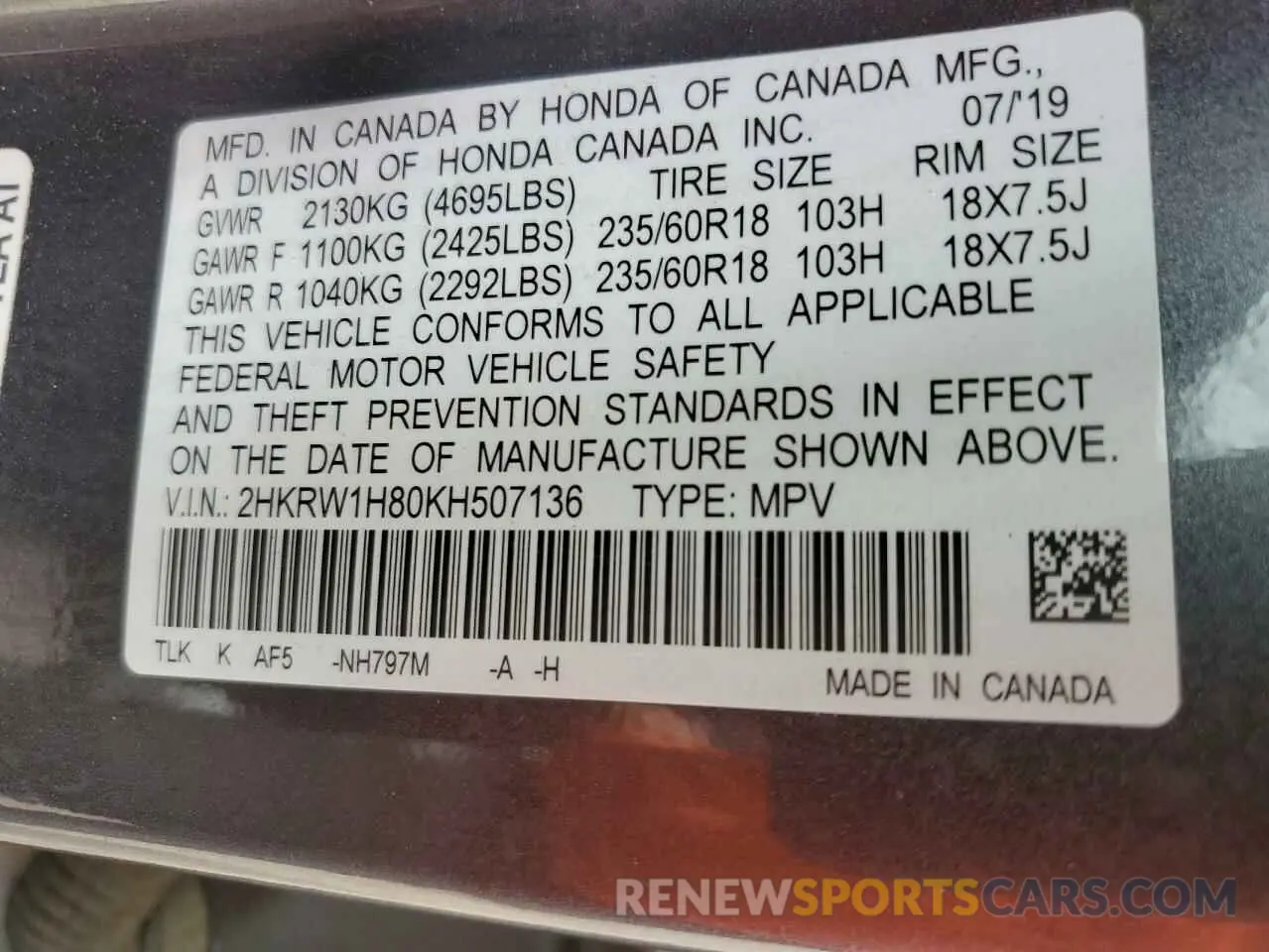 13 Photograph of a damaged car 2HKRW1H80KH507136 HONDA CRV 2019