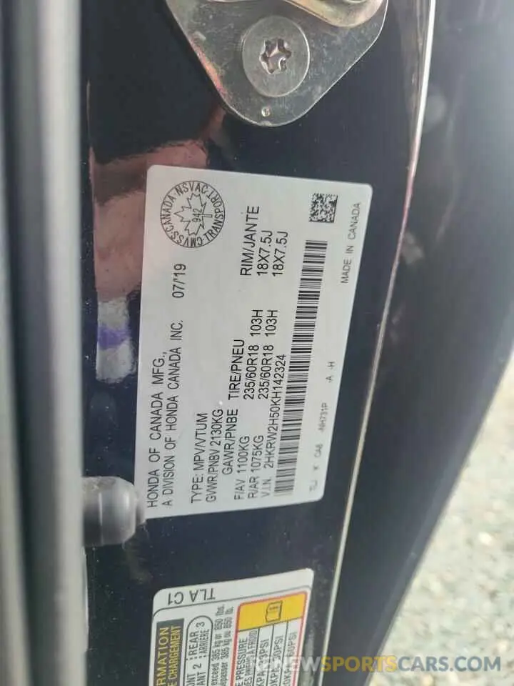 13 Photograph of a damaged car 2HKRW2H50KH142324 HONDA CRV 2019
