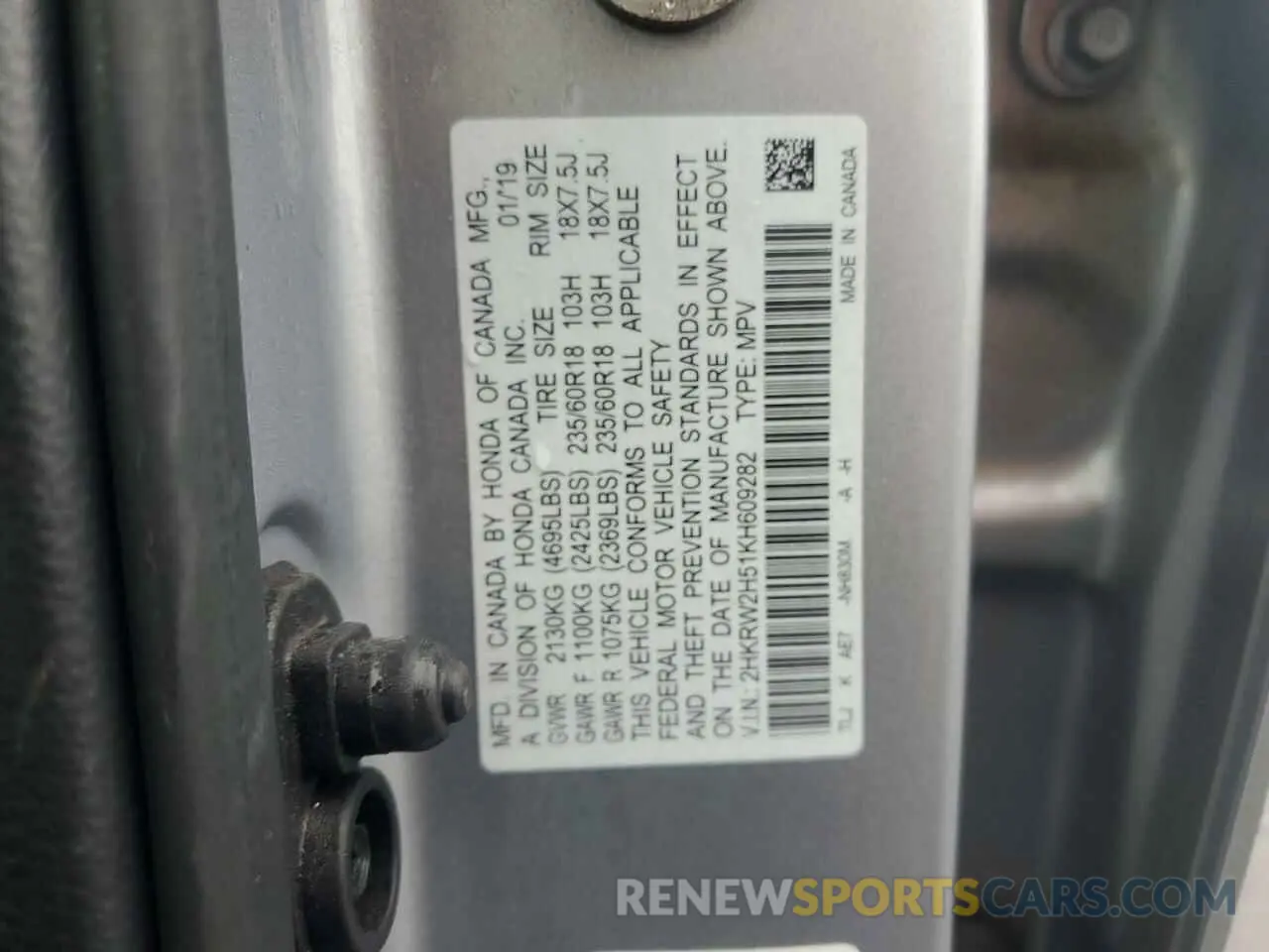 13 Photograph of a damaged car 2HKRW2H51KH609282 HONDA CRV 2019