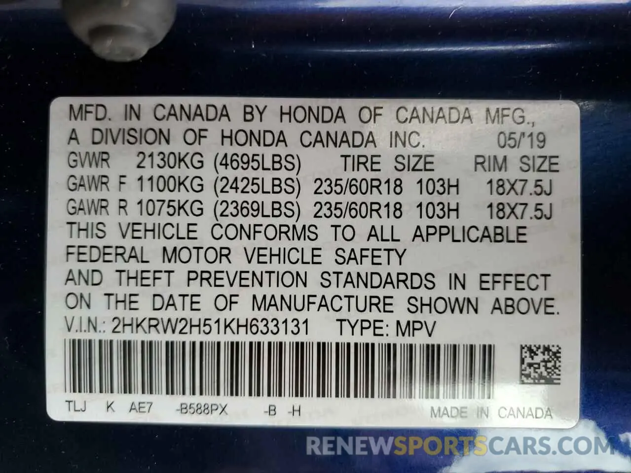 13 Photograph of a damaged car 2HKRW2H51KH633131 HONDA CRV 2019