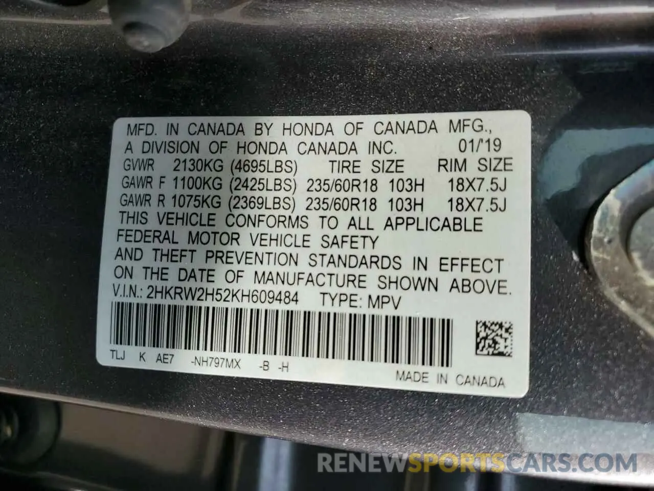 12 Photograph of a damaged car 2HKRW2H52KH609484 HONDA CRV 2019
