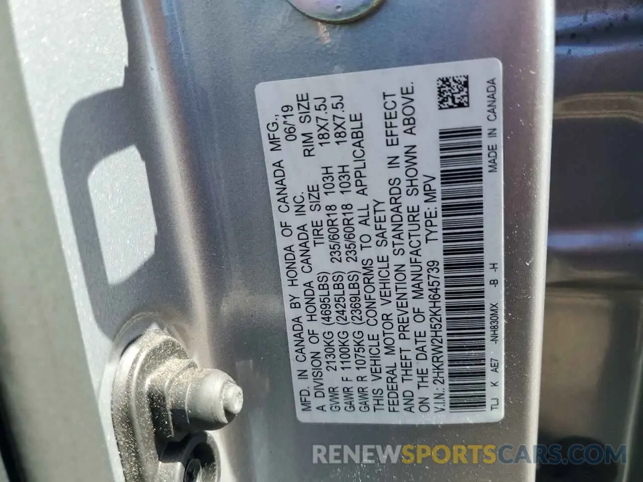 14 Photograph of a damaged car 2HKRW2H52KH645739 HONDA CRV 2019