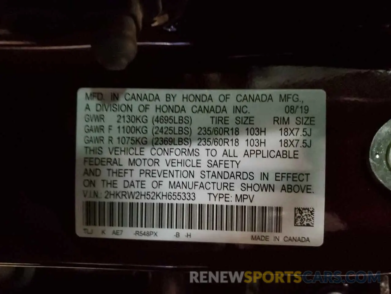 13 Photograph of a damaged car 2HKRW2H52KH655333 HONDA CRV 2019