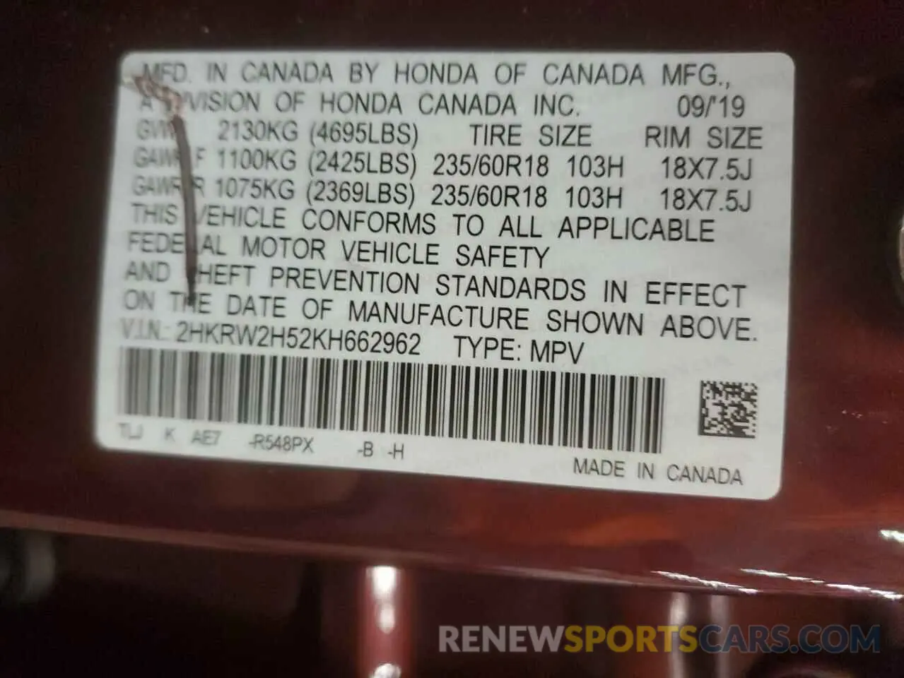 13 Photograph of a damaged car 2HKRW2H52KH662962 HONDA CRV 2019