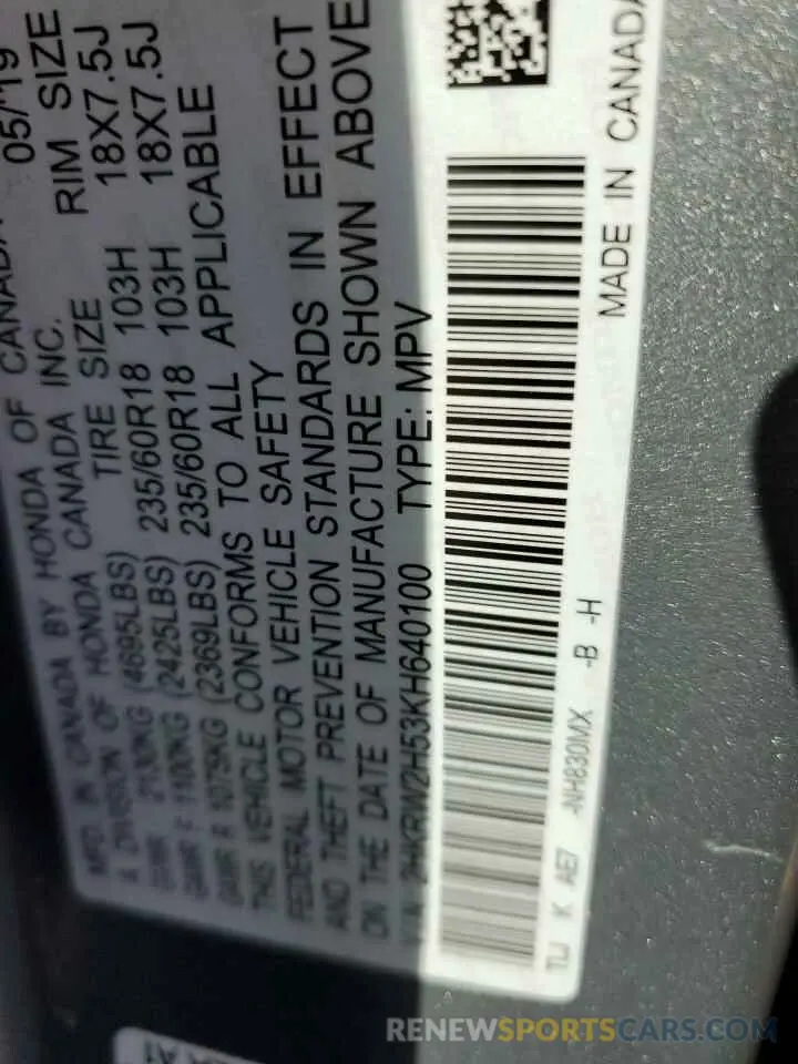 13 Photograph of a damaged car 2HKRW2H53KH640100 HONDA CRV 2019