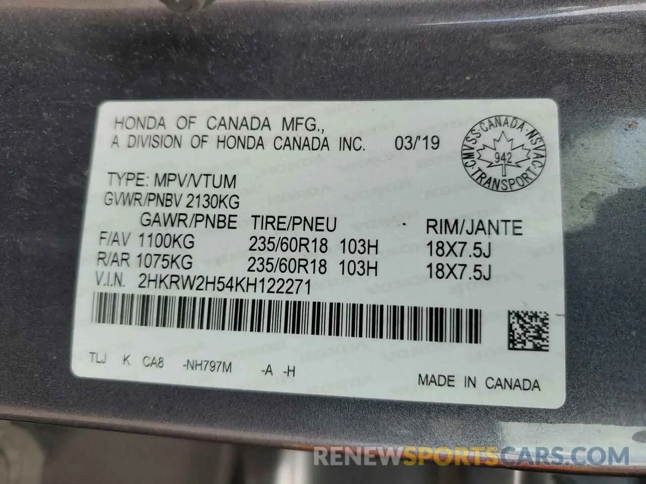 13 Photograph of a damaged car 2HKRW2H54KH122271 HONDA CRV 2019