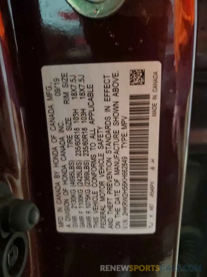 13 Photograph of a damaged car 2HKRW2H56KH662849 HONDA CRV 2019