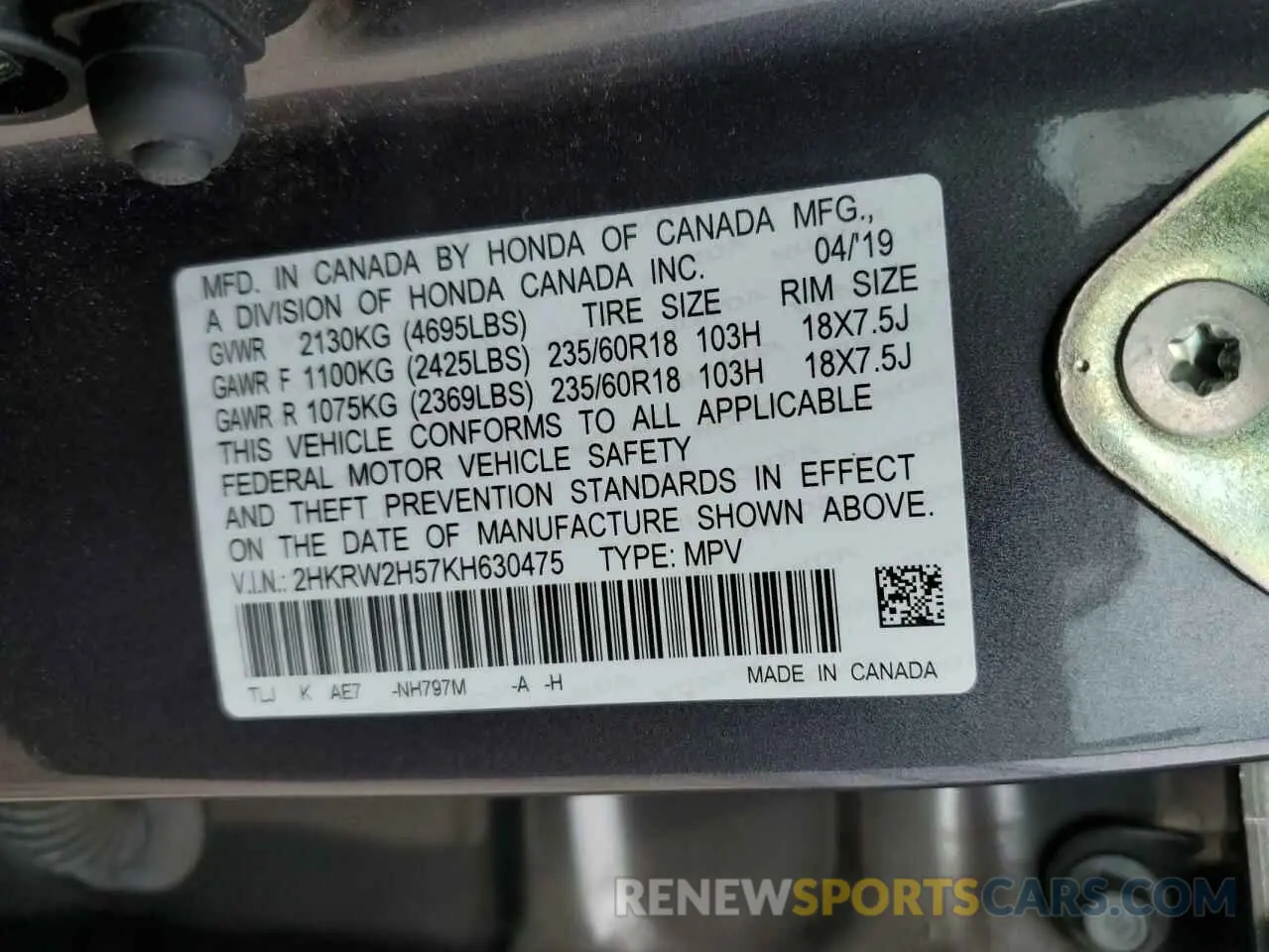 14 Photograph of a damaged car 2HKRW2H57KH630475 HONDA CRV 2019