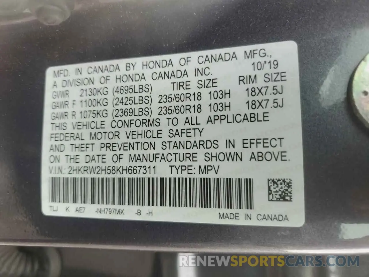 13 Photograph of a damaged car 2HKRW2H58KH667311 HONDA CRV 2019