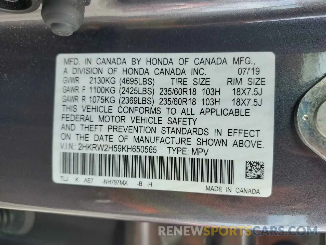 13 Photograph of a damaged car 2HKRW2H59KH650565 HONDA CRV 2019