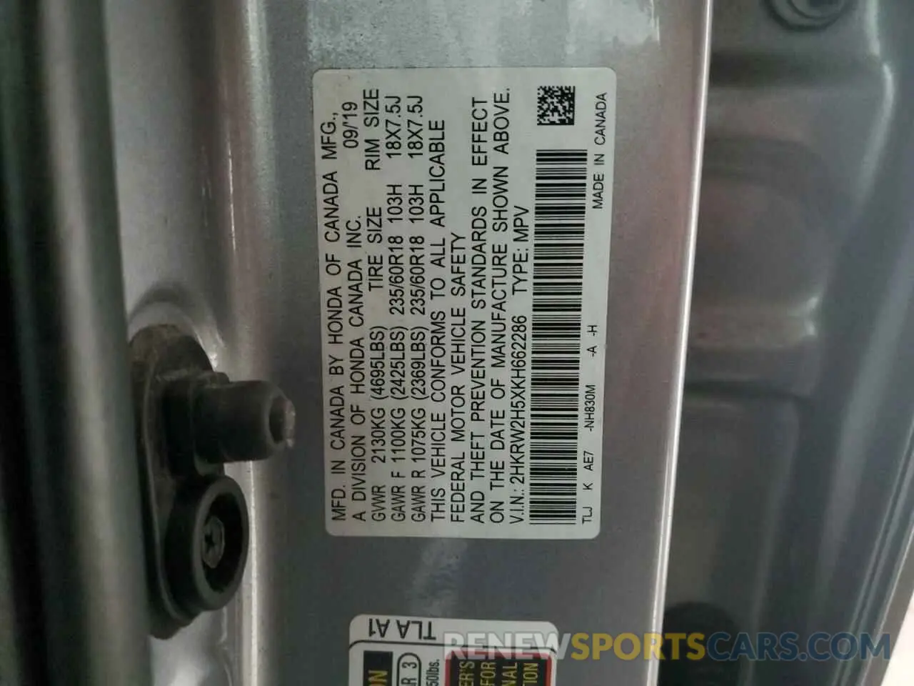 13 Photograph of a damaged car 2HKRW2H5XKH662286 HONDA CRV 2019