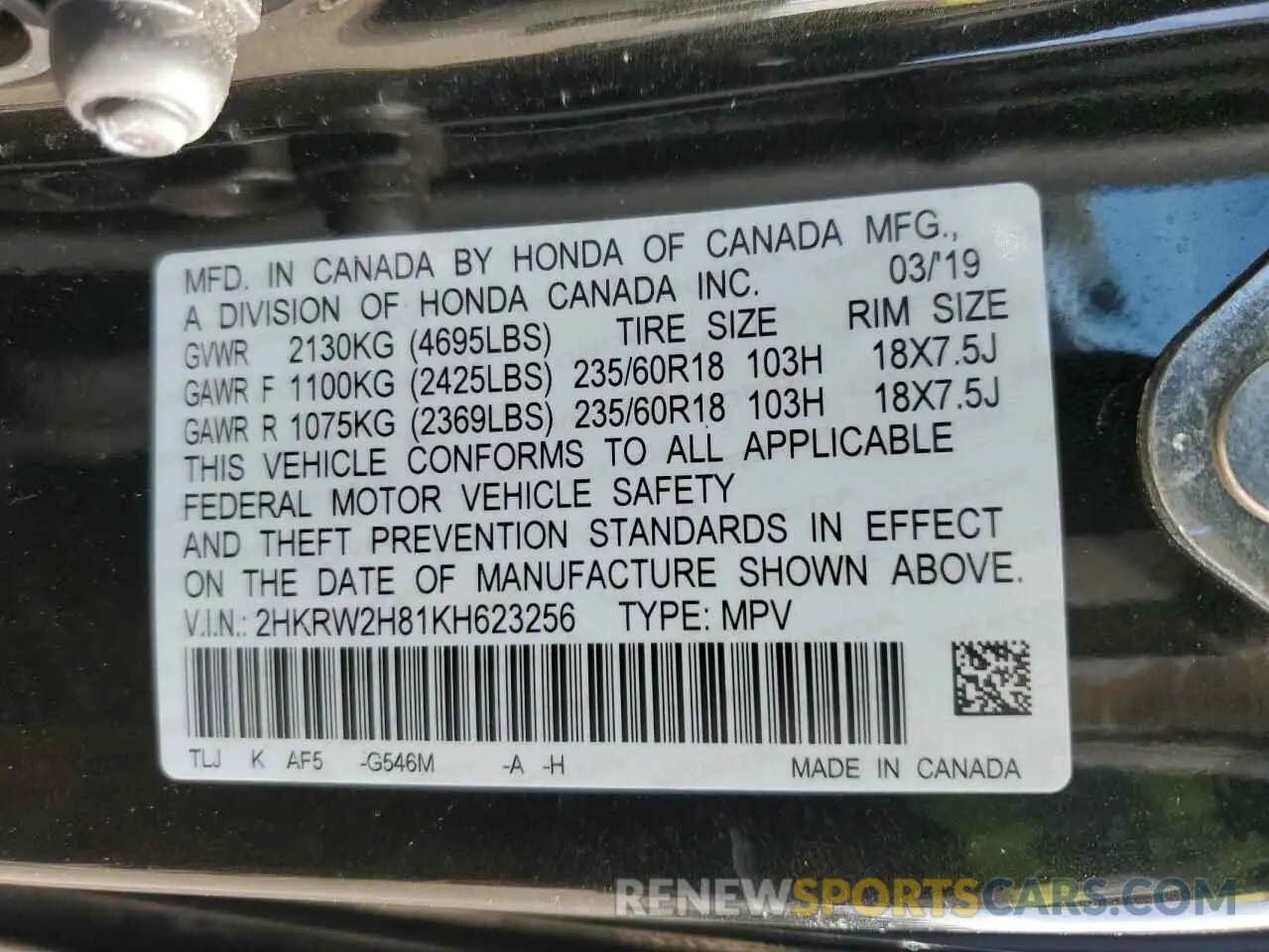 13 Photograph of a damaged car 2HKRW2H81KH623256 HONDA CRV 2019