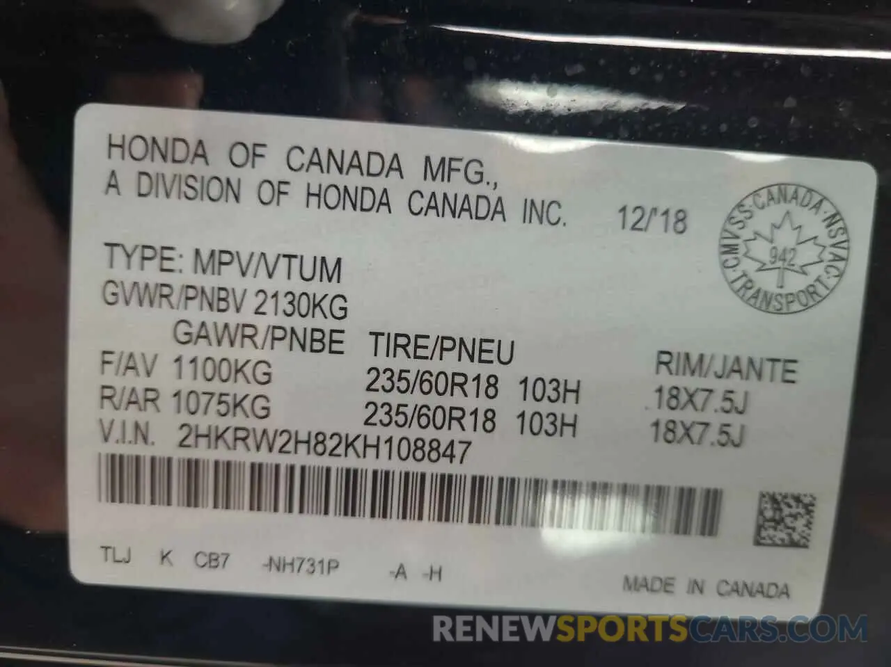 10 Photograph of a damaged car 2HKRW2H82KH108847 HONDA CRV 2019