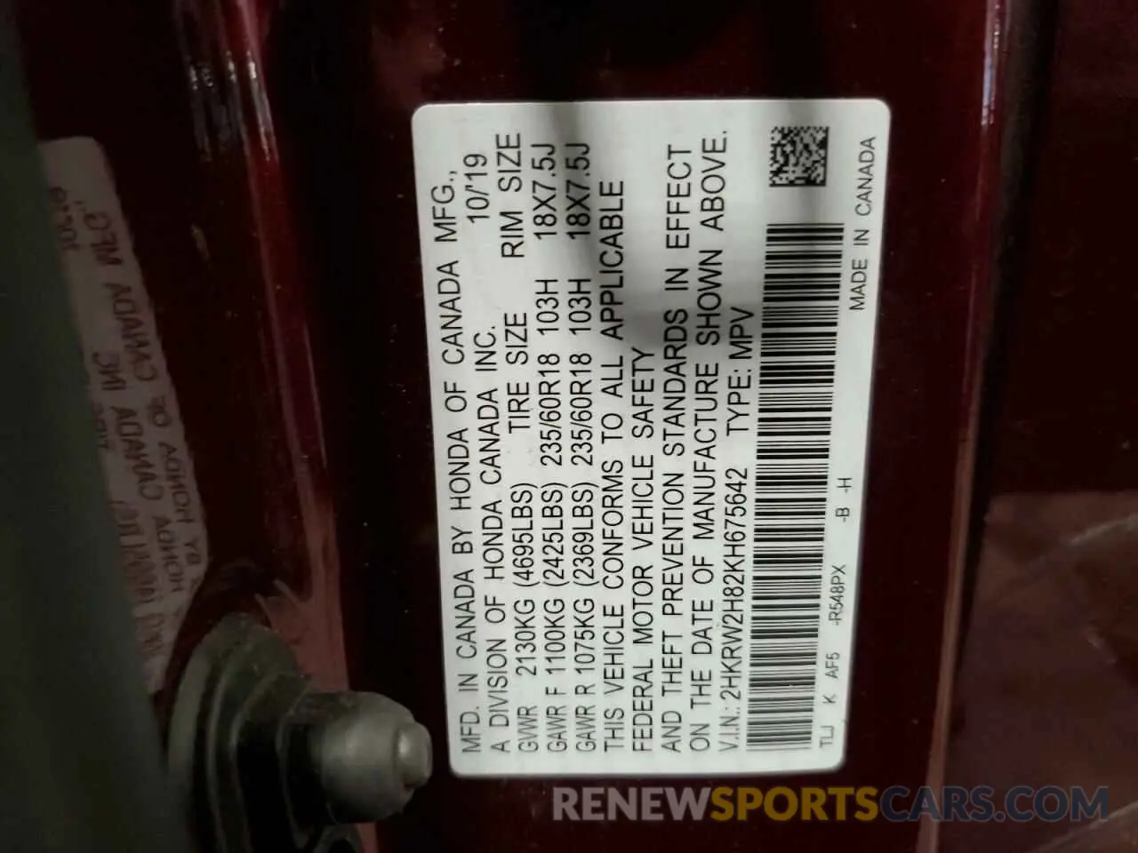14 Photograph of a damaged car 2HKRW2H82KH675642 HONDA CRV 2019