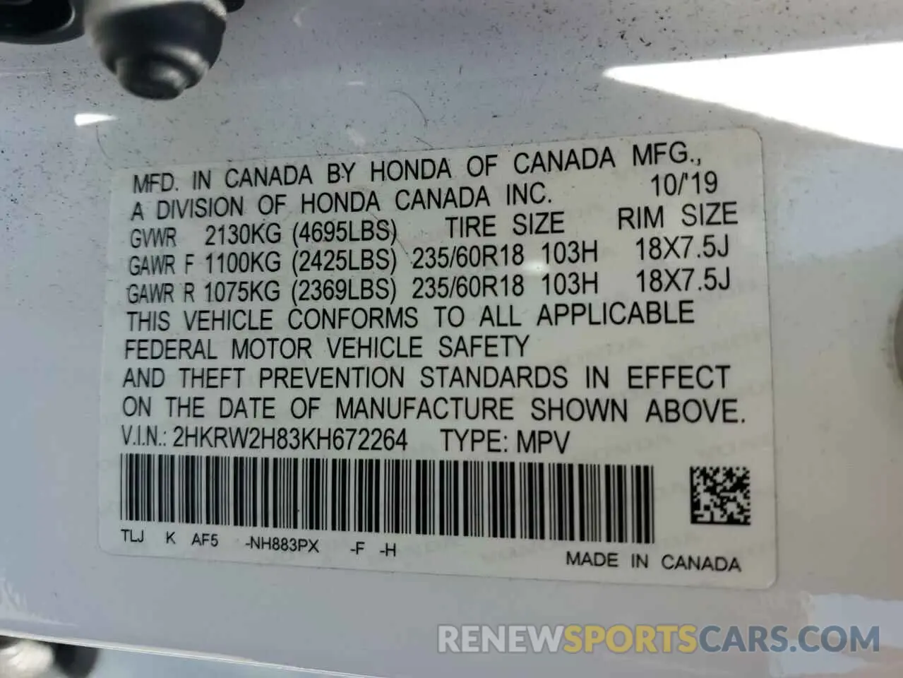 12 Photograph of a damaged car 2HKRW2H83KH672264 HONDA CRV 2019