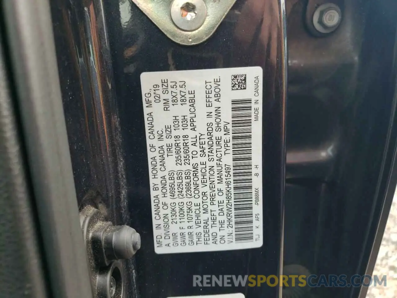 14 Photograph of a damaged car 2HKRW2H85KH615497 HONDA CRV 2019