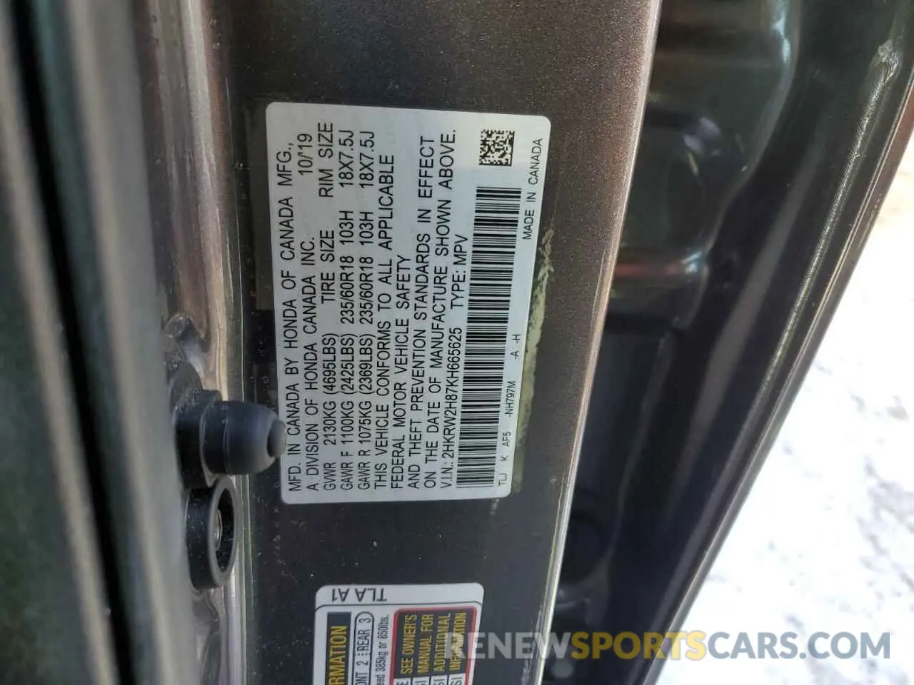 13 Photograph of a damaged car 2HKRW2H87KH665625 HONDA CRV 2019